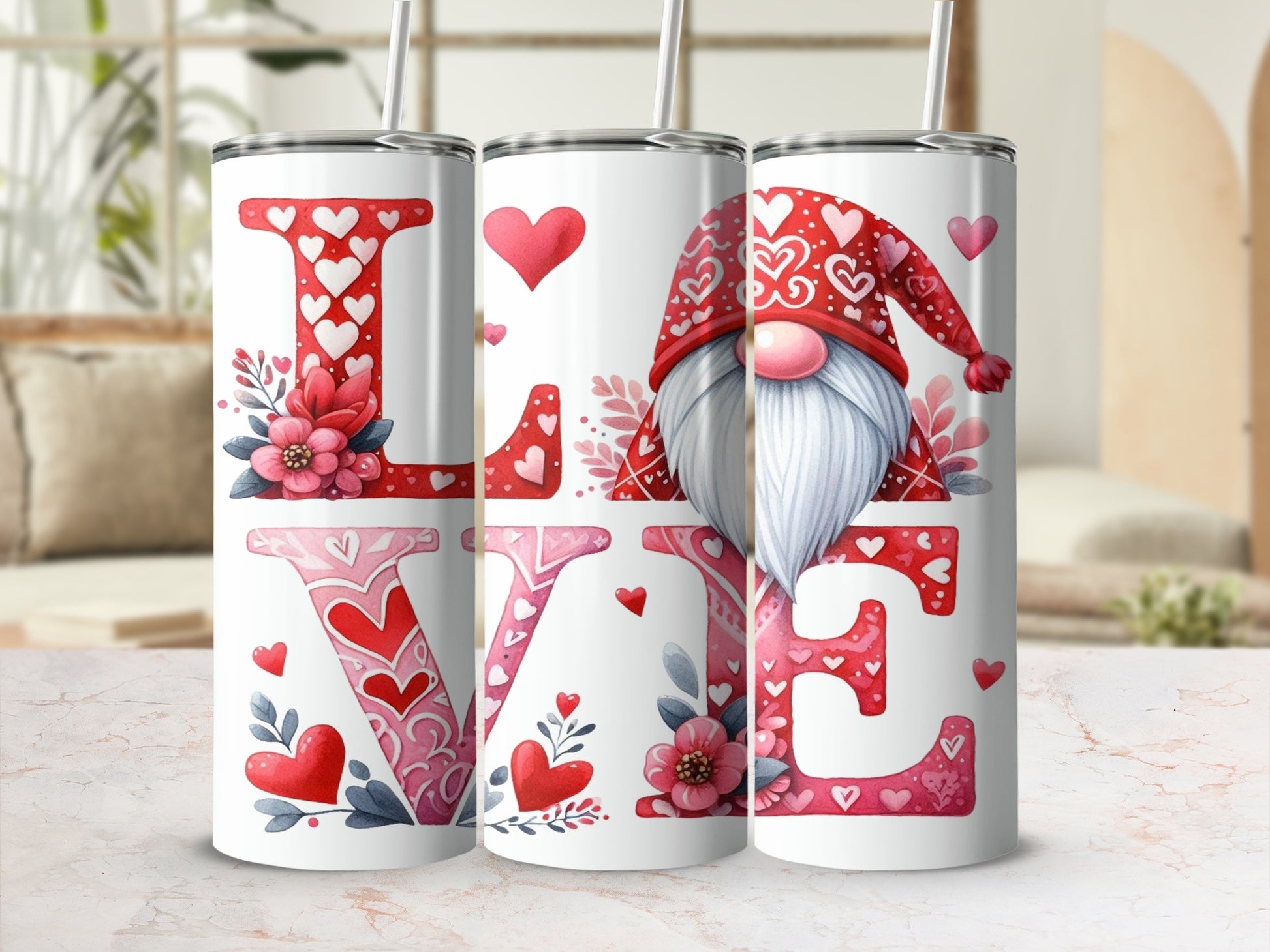 Valentine's Day gnome with "LOVE" design on a tumbler.