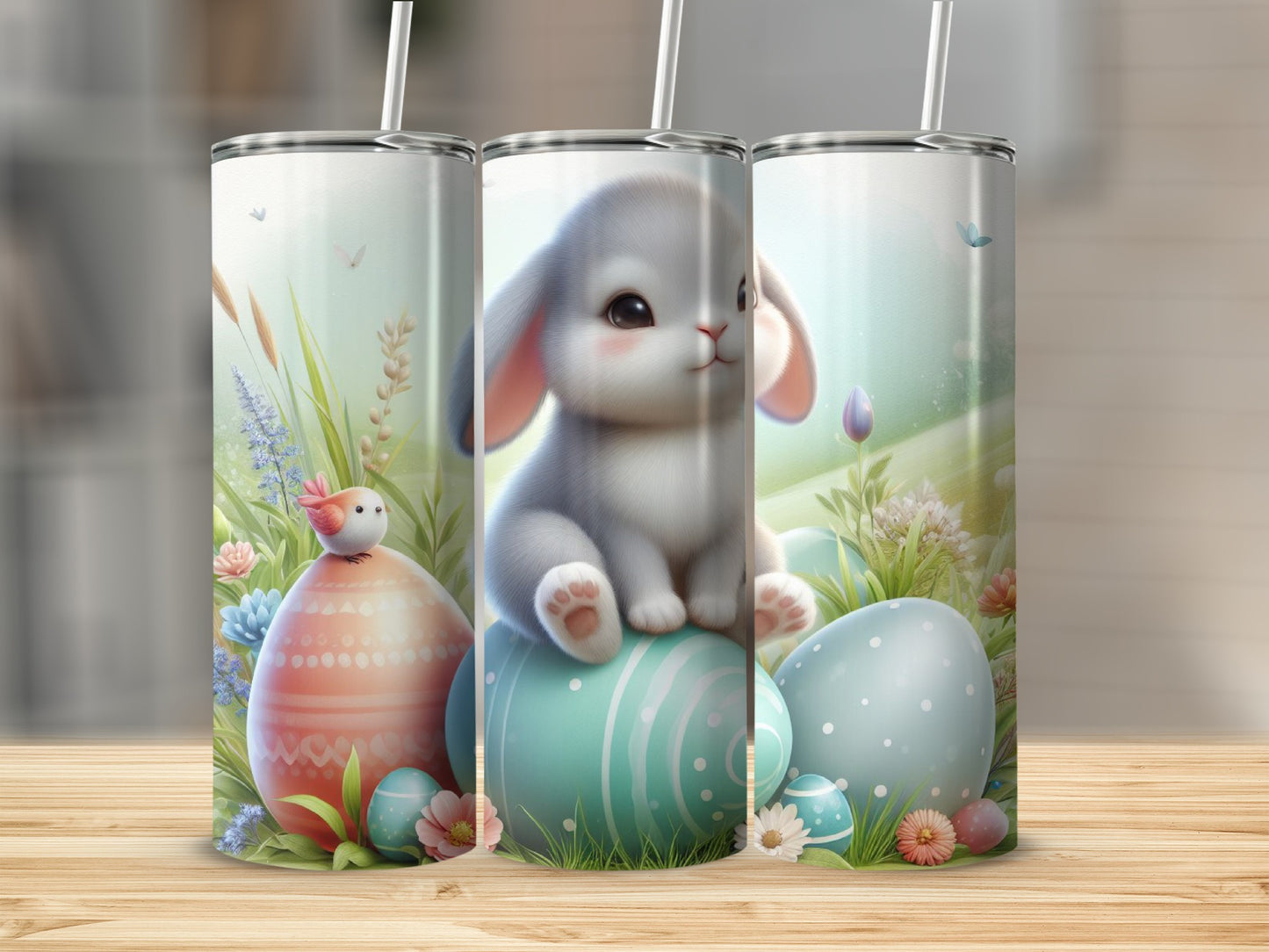 Easter bunny and eggs tumbler with springtime background.