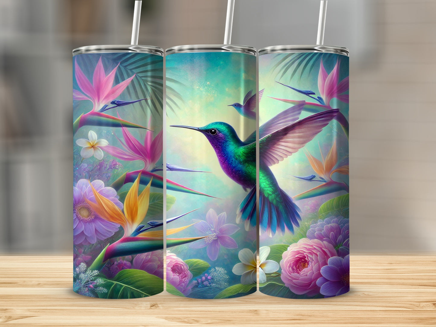Colorful Hummingbird and Flowers Stainless Steel Tumbler