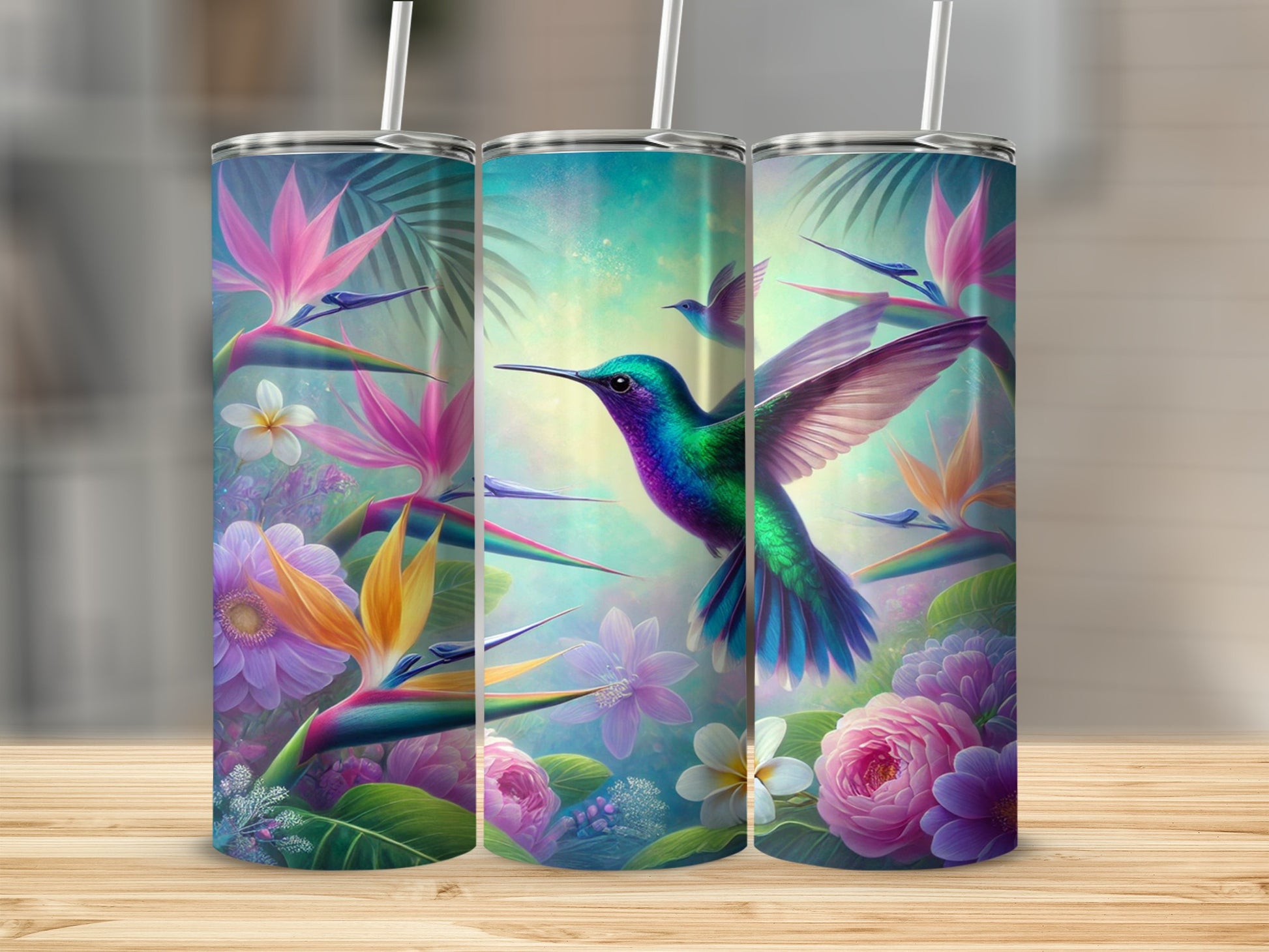 Colorful Hummingbird and Flowers Stainless Steel Tumbler
