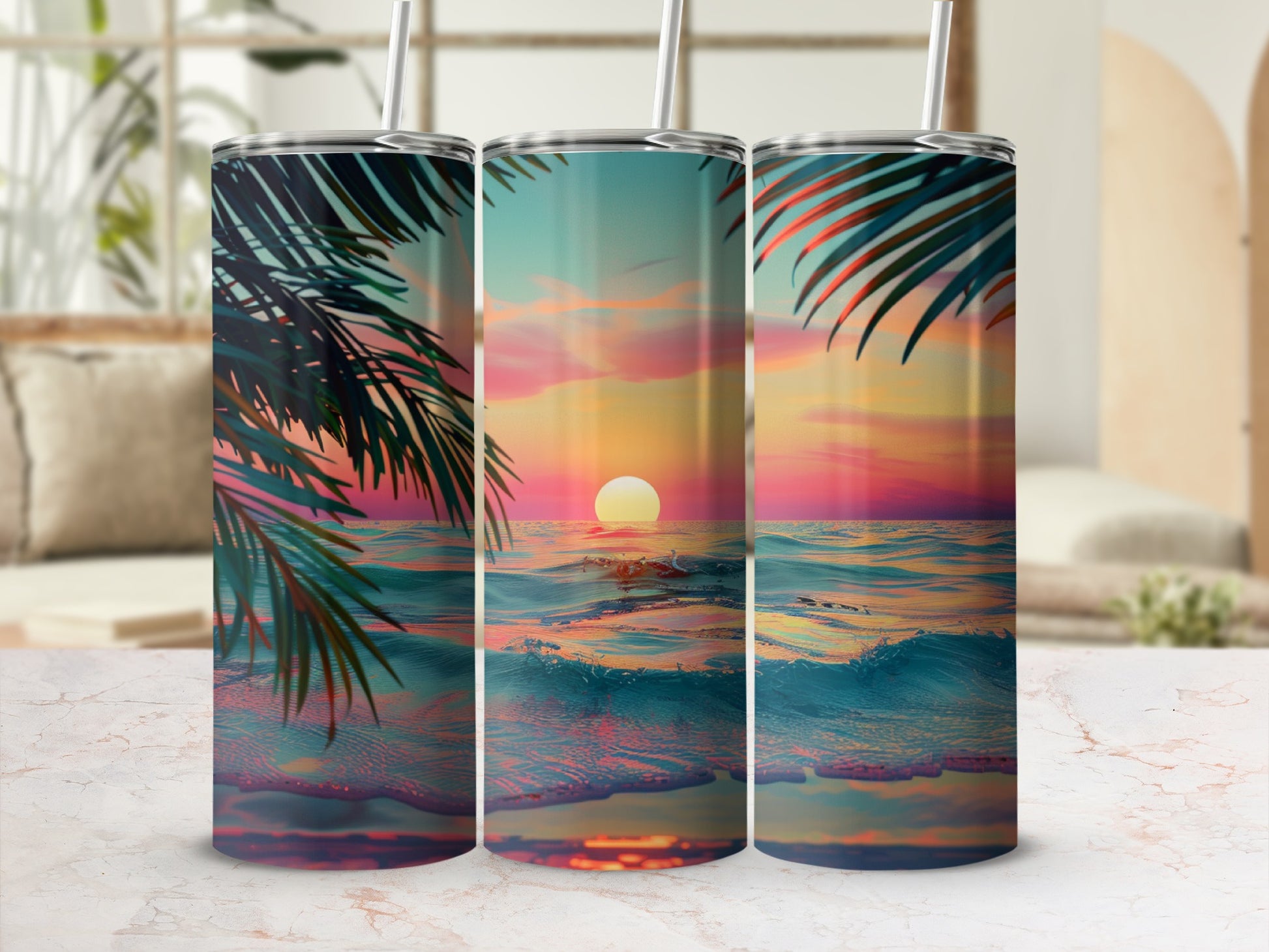 Three tumblers with a sunset ocean view and palm fronds.