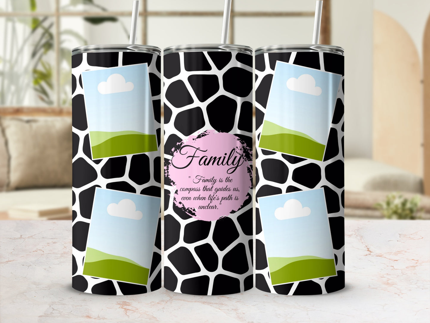 Giraffe print tumbler with photo frames and quote about family.