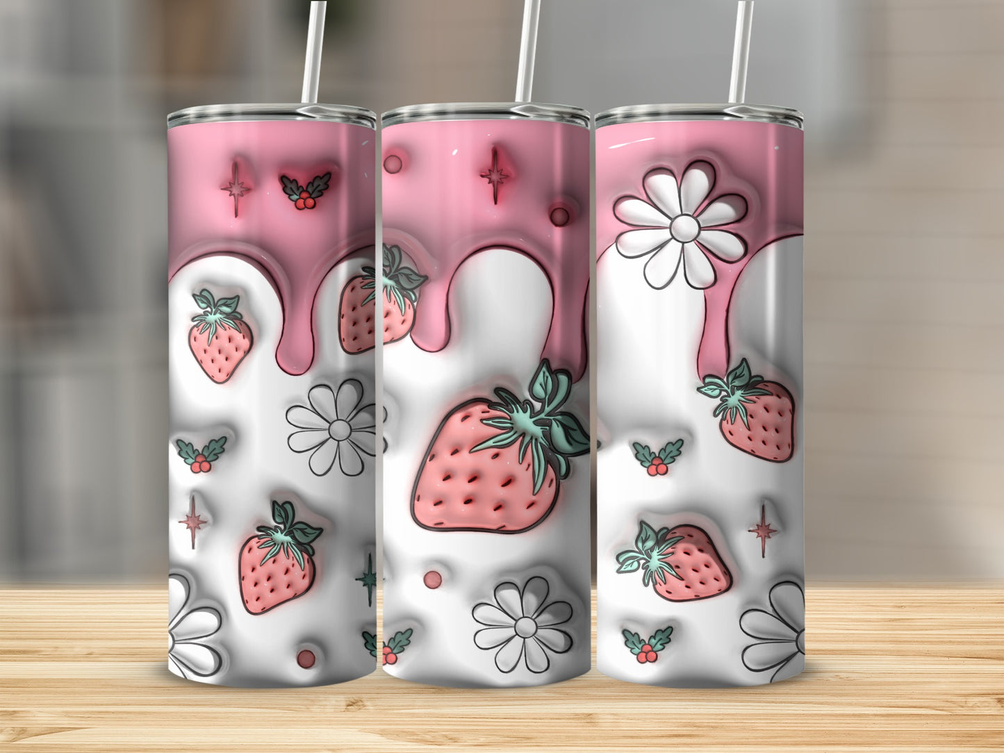 Cute Strawberry and Daisy Pattern Tumbler