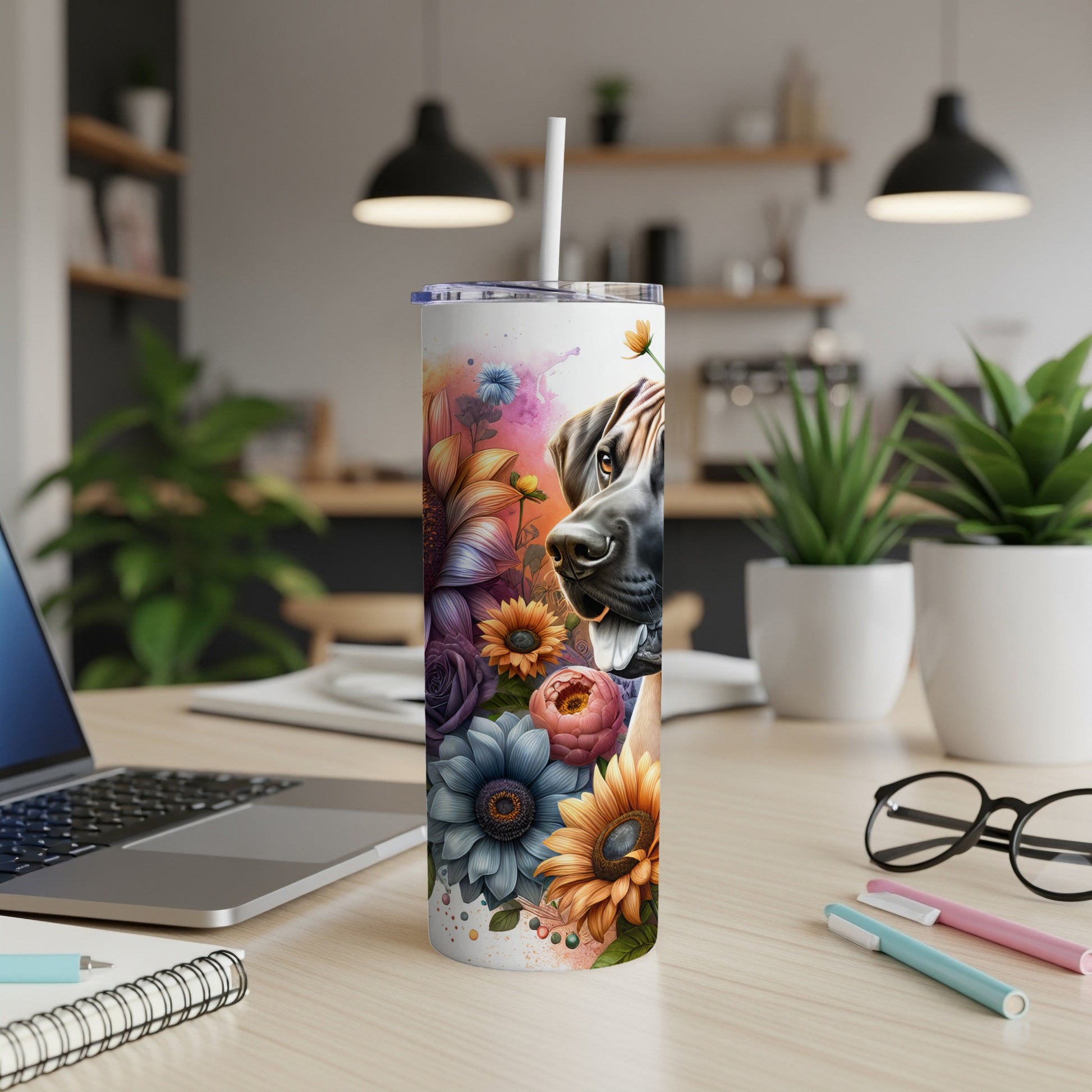 Dog and colorful flowers on a tumbler with a straw.