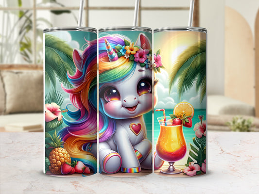 Cute cartoon unicorn with colorful mane and rainbow flower crown, holding strawberry.