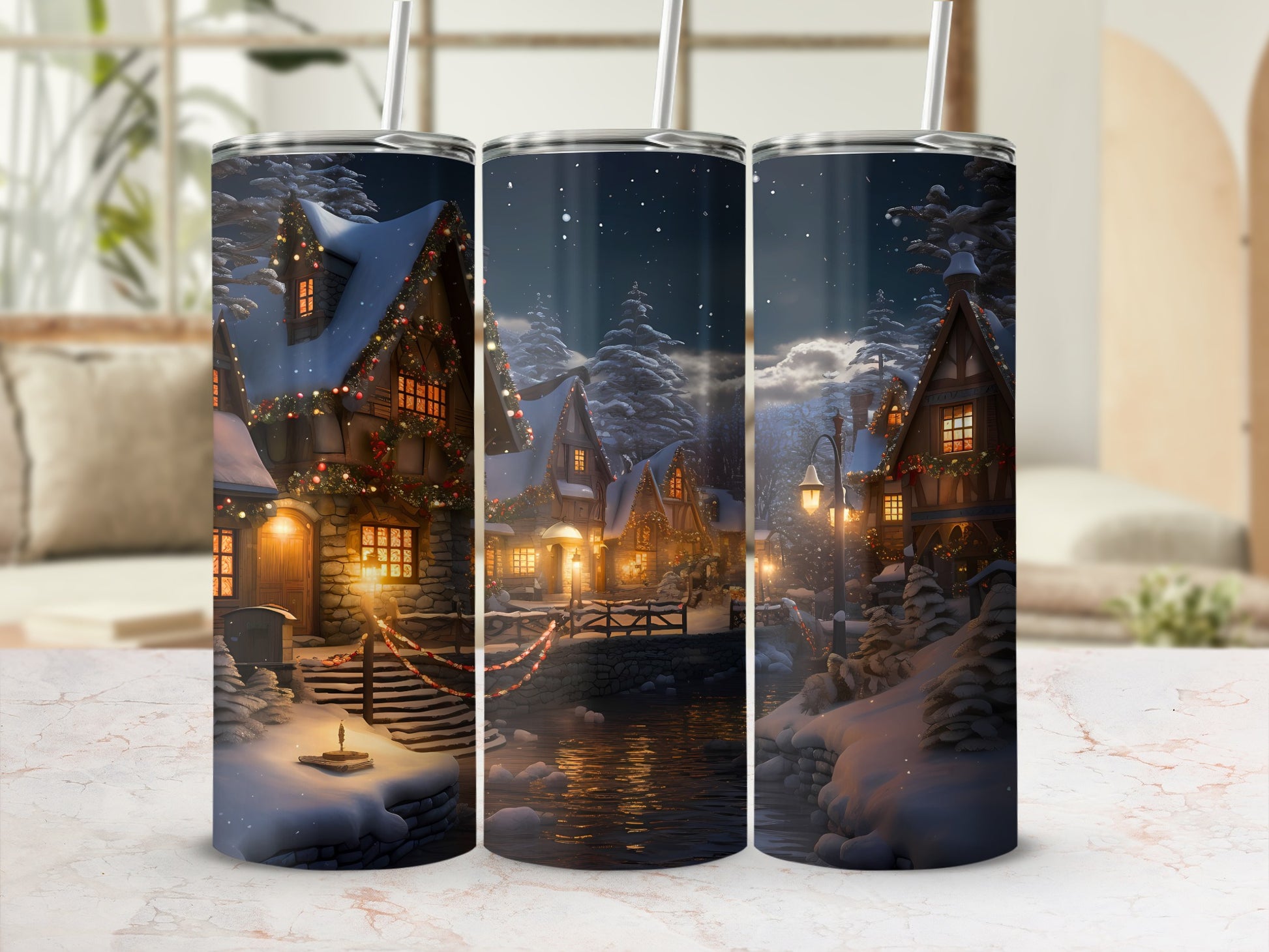 Charming Winter Night Village Scene Tumbler