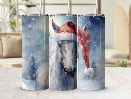 White horse in Santa hat, winter scene, on a tumbler.