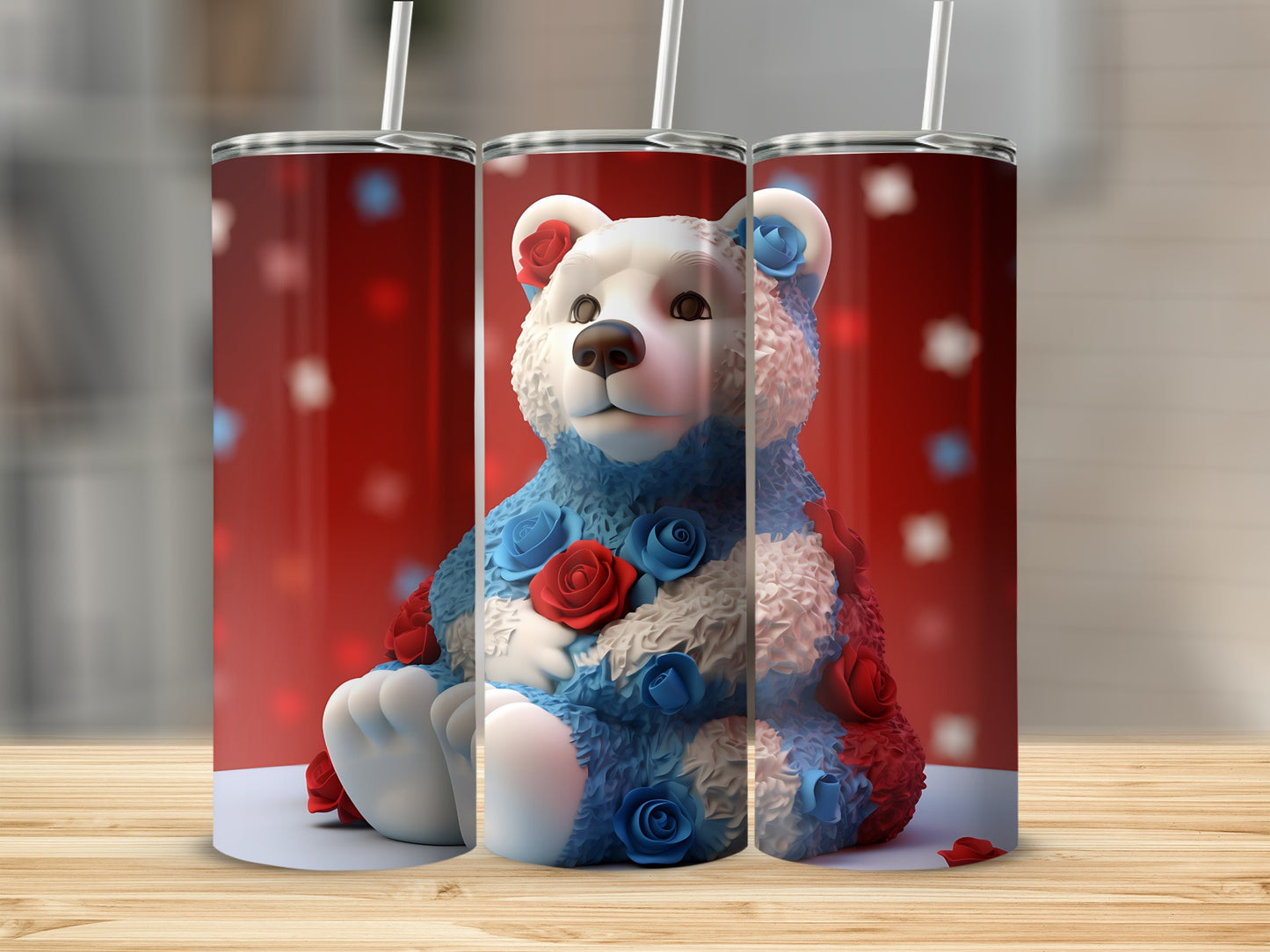 Teddy bear tumbler with red and blue floral accents.