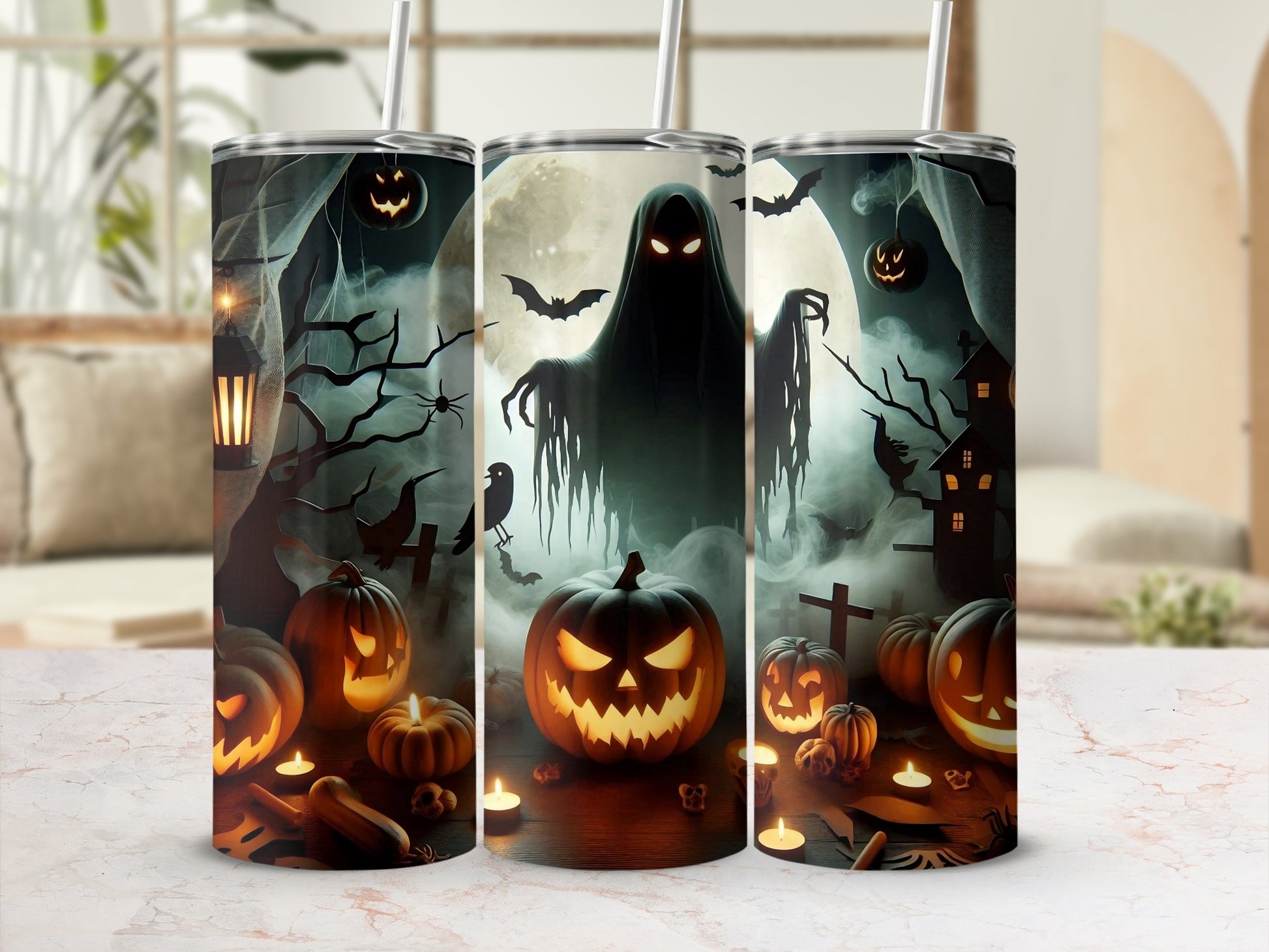 Halloween tumblers featuring jack-o'-lanterns, a ghost, bats, and spooky cemetery elements.
