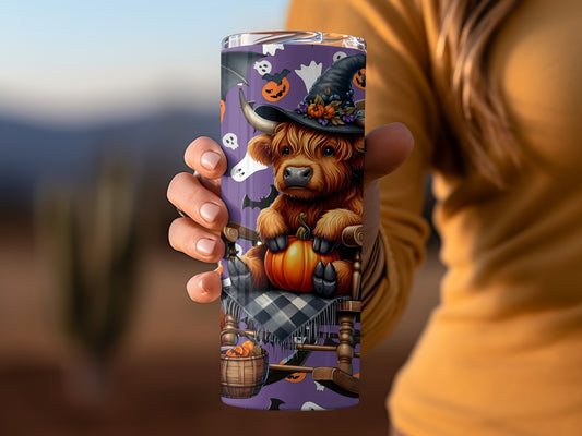 Halloween Highland Cow Pumpkin Decorated Tumbler