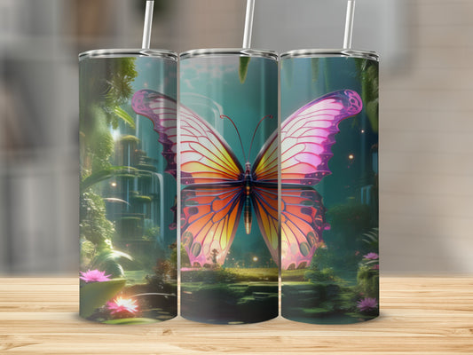 Three tumblers featuring a large butterfly and a waterfall scene.