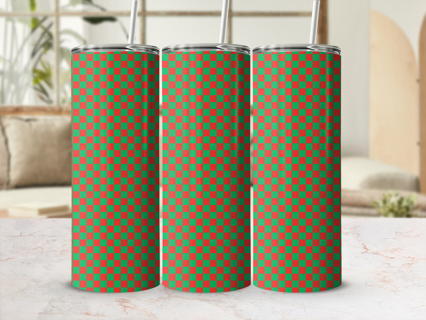 Three tumblers with red and green checkered pattern.
