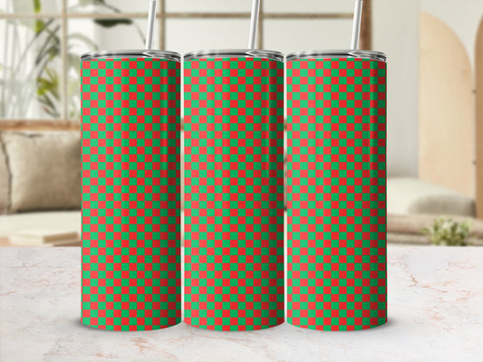 Three tumblers with red and green checkered pattern.