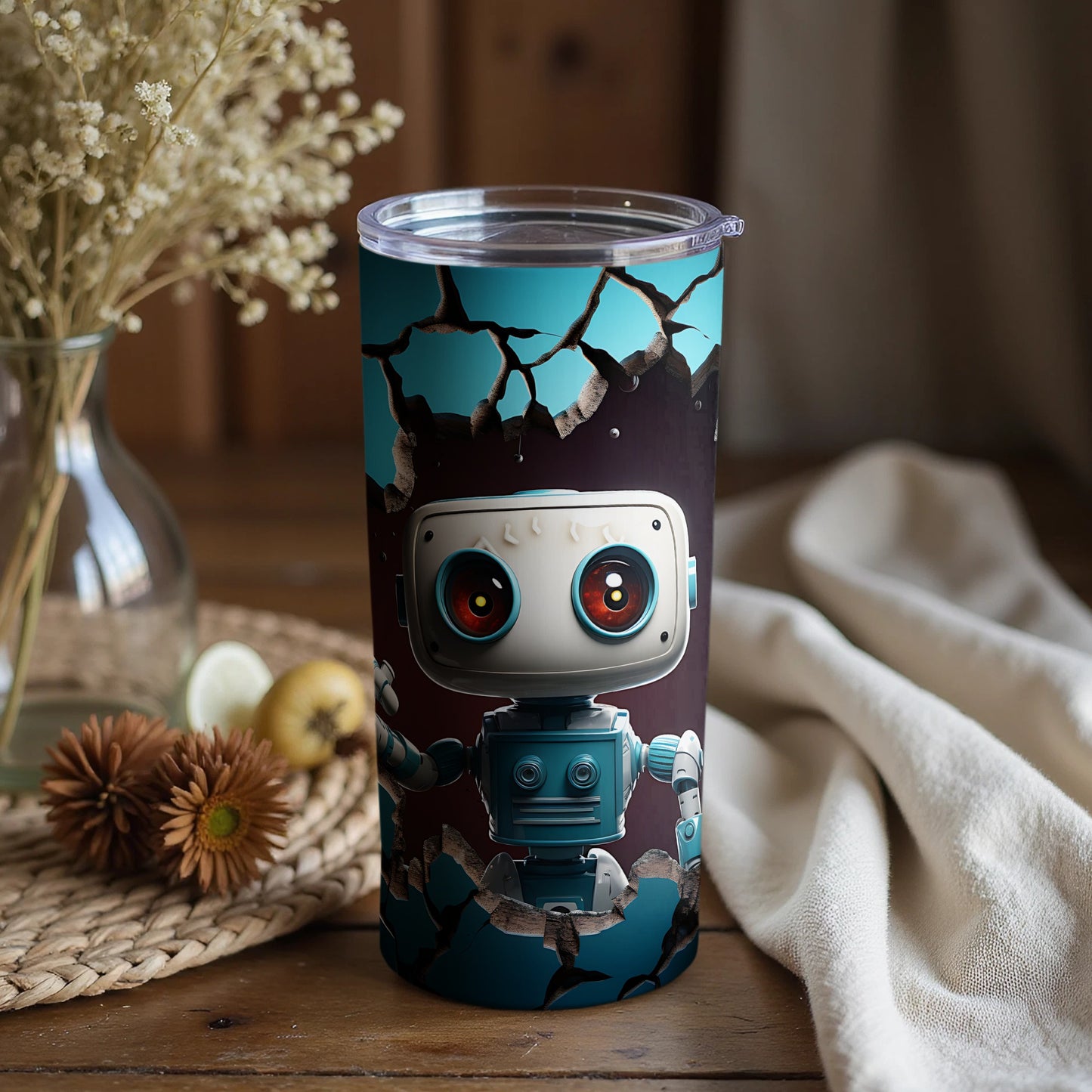 Adorable Robot with Big Eyes Print Tumbler