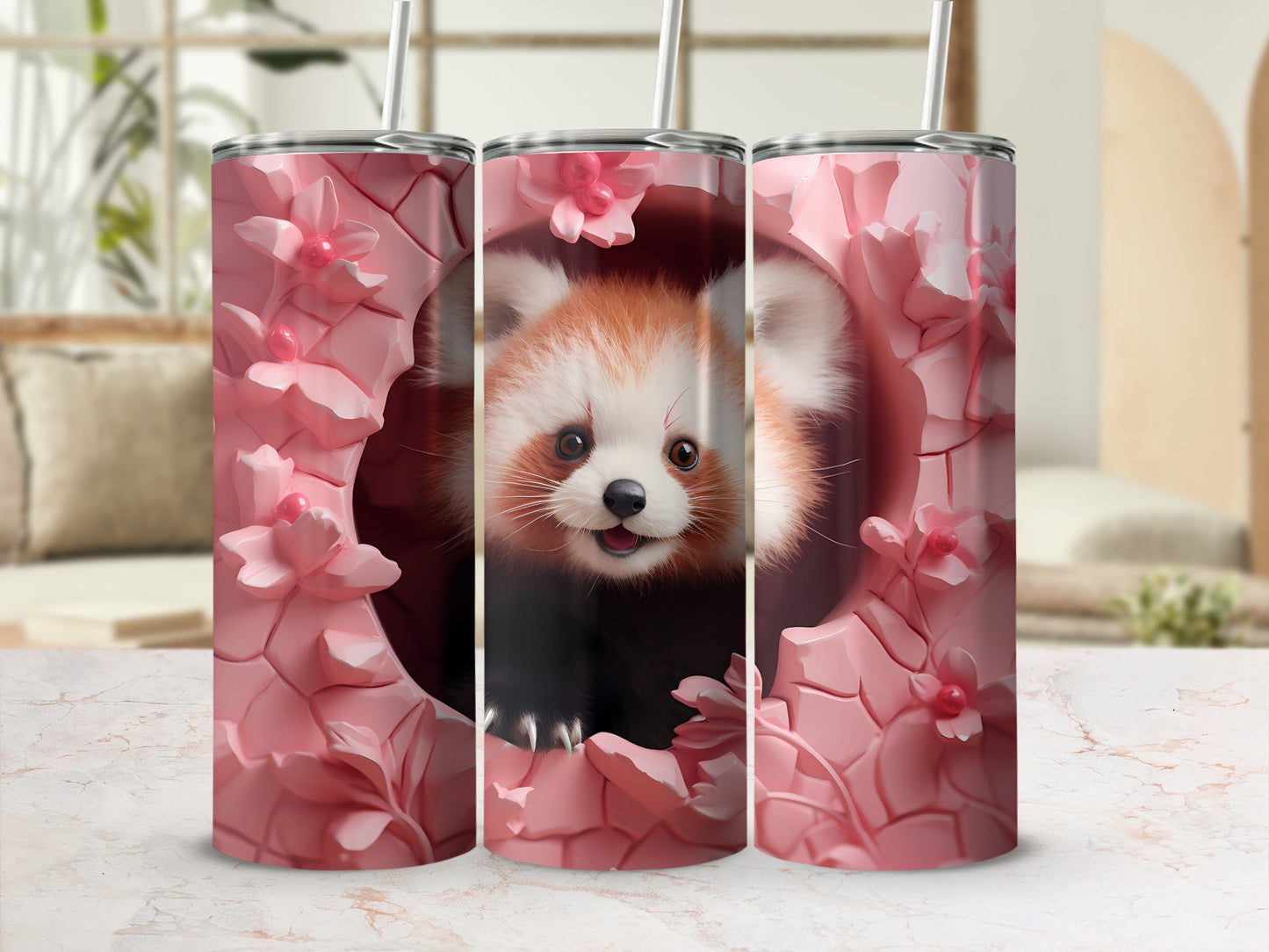 Cute Red Panda with Pink Floral Pattern Tumbler