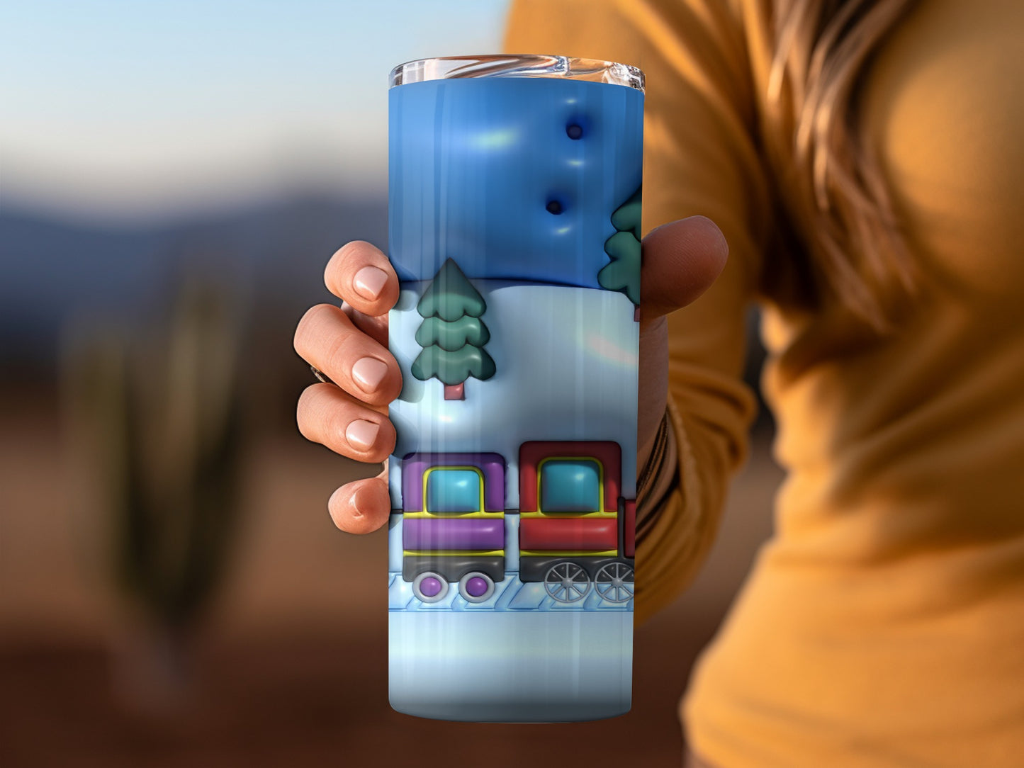 Colorful Train and Tree Themed Tumbler with Winter Scene