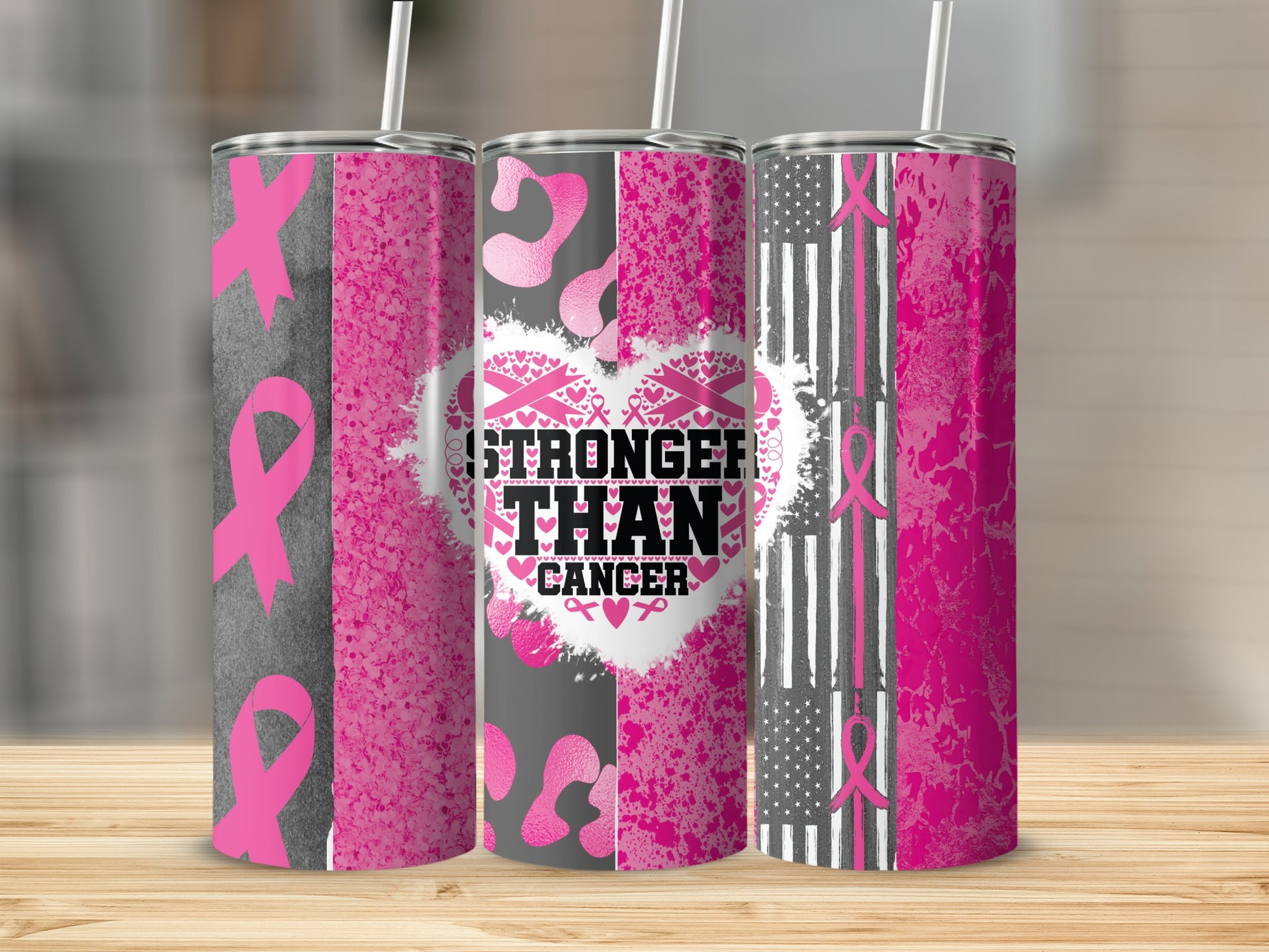 Pink ribbon and American flag tumbler with "Stronger Than Cancer" text.