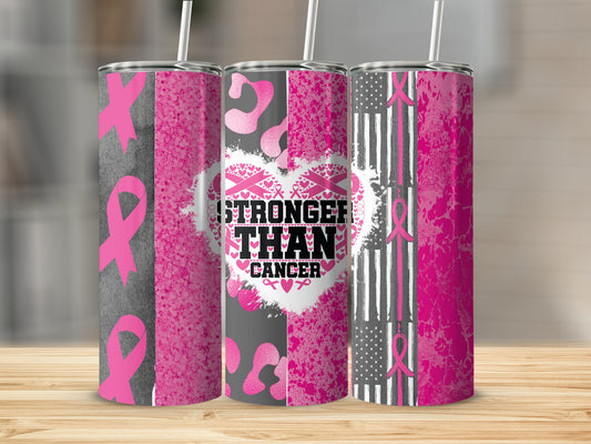 Pink ribbon and American flag tumbler with "Stronger Than Cancer" text.