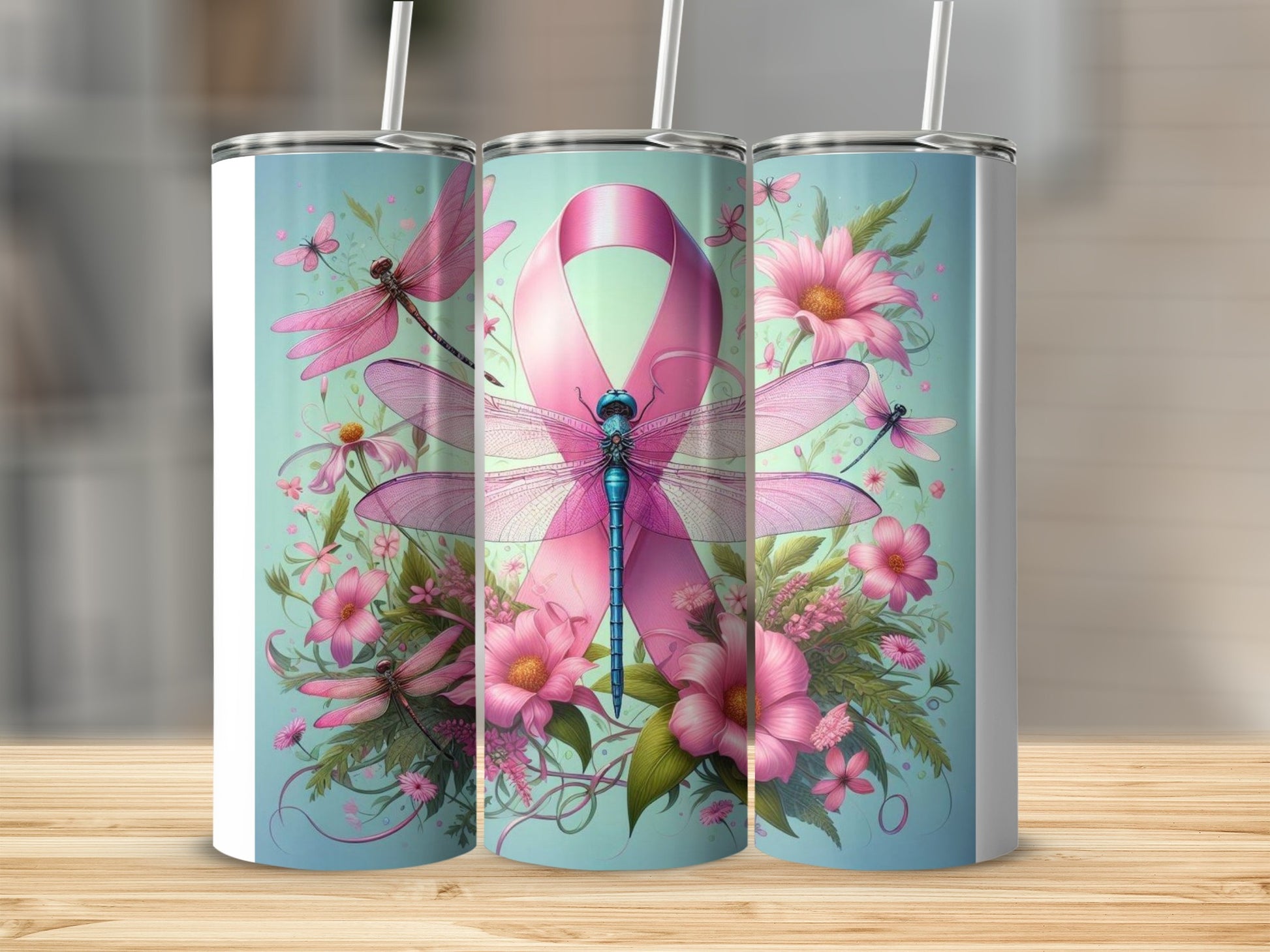 Pink Dragonfly Ribbon Flower Artwork Stainless Steel Tumbler