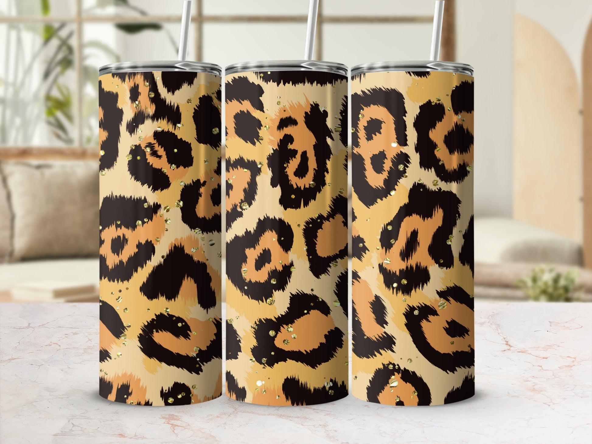 Leopard Print Tumbler with Straw Stylish Travel Mug