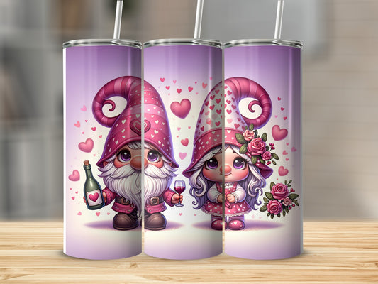 Gnomes with pink hats and hearts, holding wine and flowers.