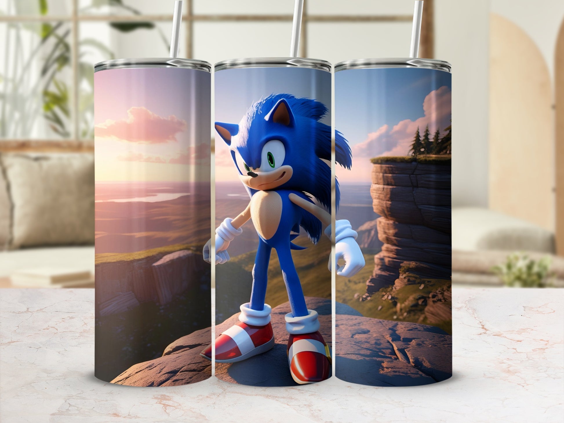 Sonic the Hedgehog standing on a cliff edge, with two tumblers featuring Sonic.