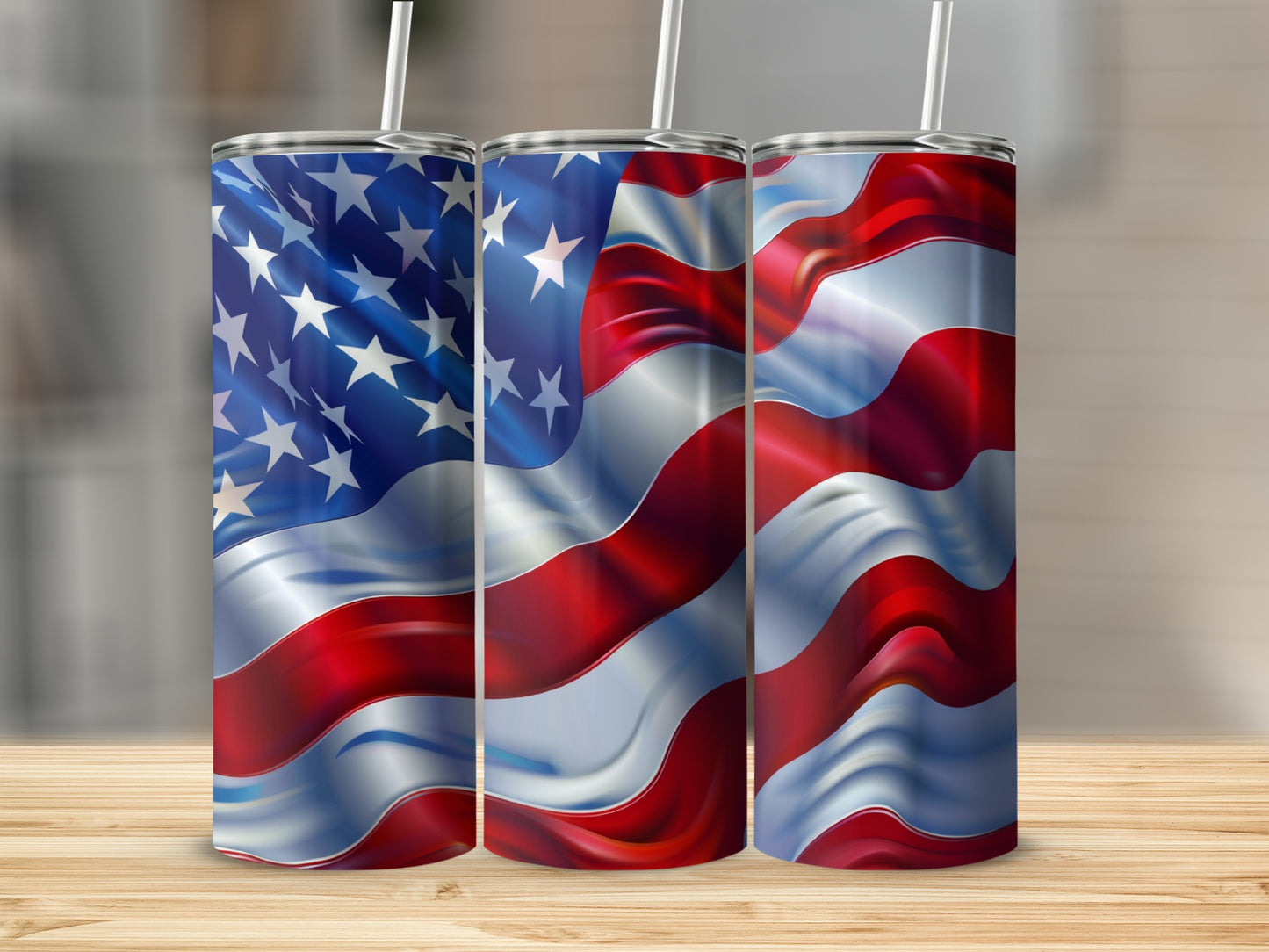 Three tumblers featuring a waving American flag design.