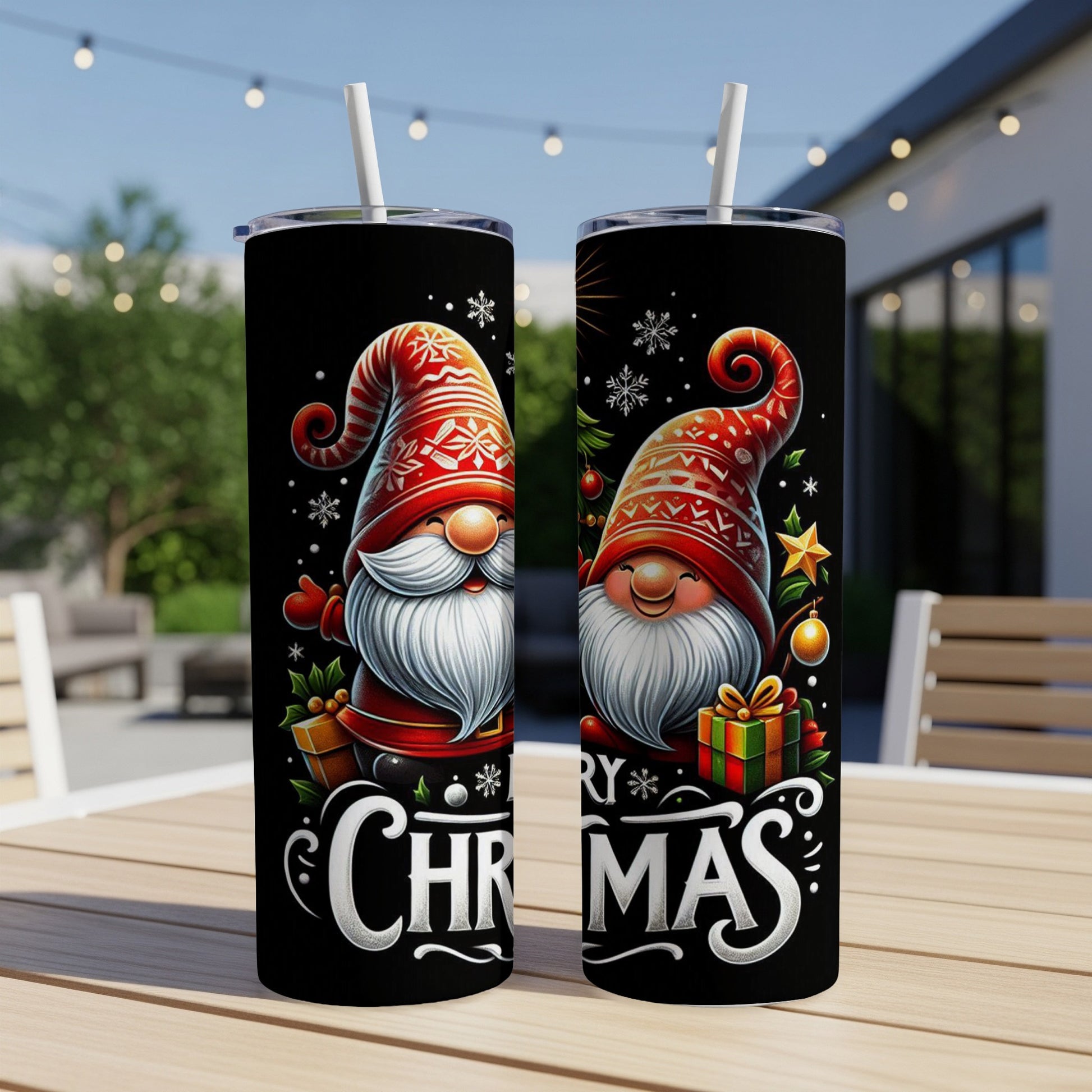 Two Christmas gnomes on black tumblers with "Merry Christmas" text.