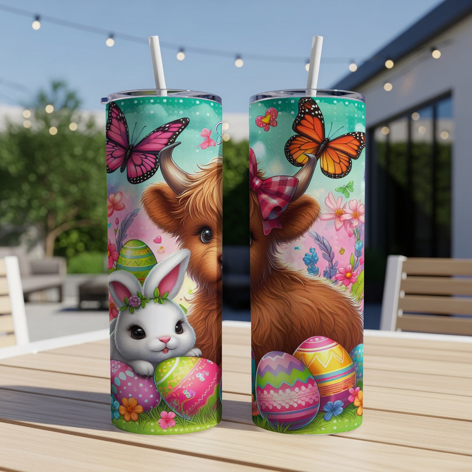 Easter highland cow and bunny tumbler with colorful eggs and butterflies.