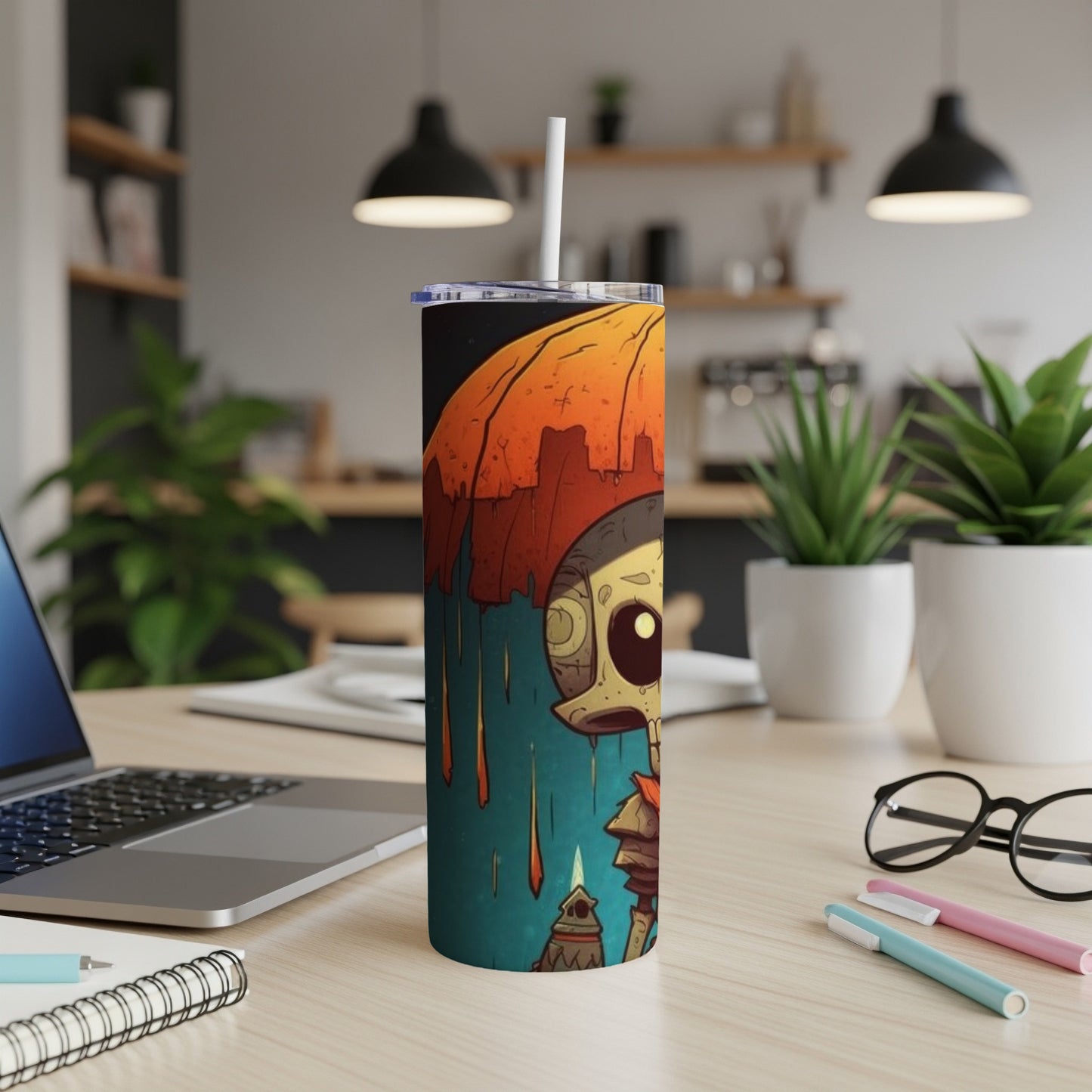 Tall tumbler with a cartoon skeleton under an orange umbrella with melting details.