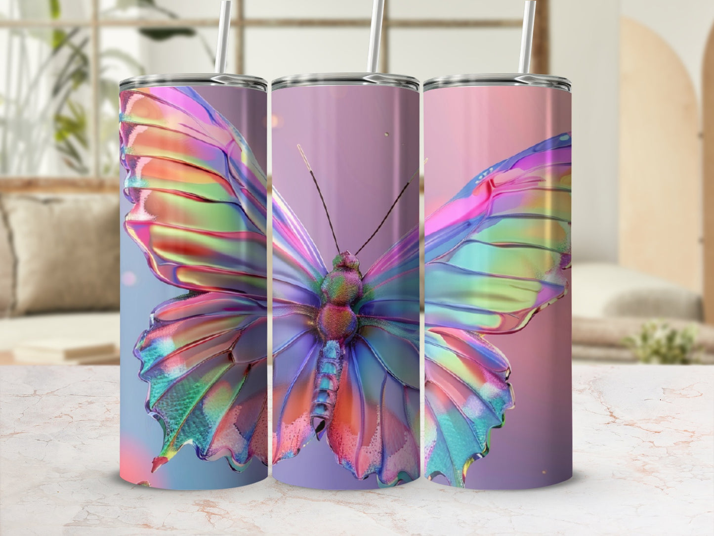 Triptych of tumblers featuring iridescent butterfly wings with purple and pink hues.