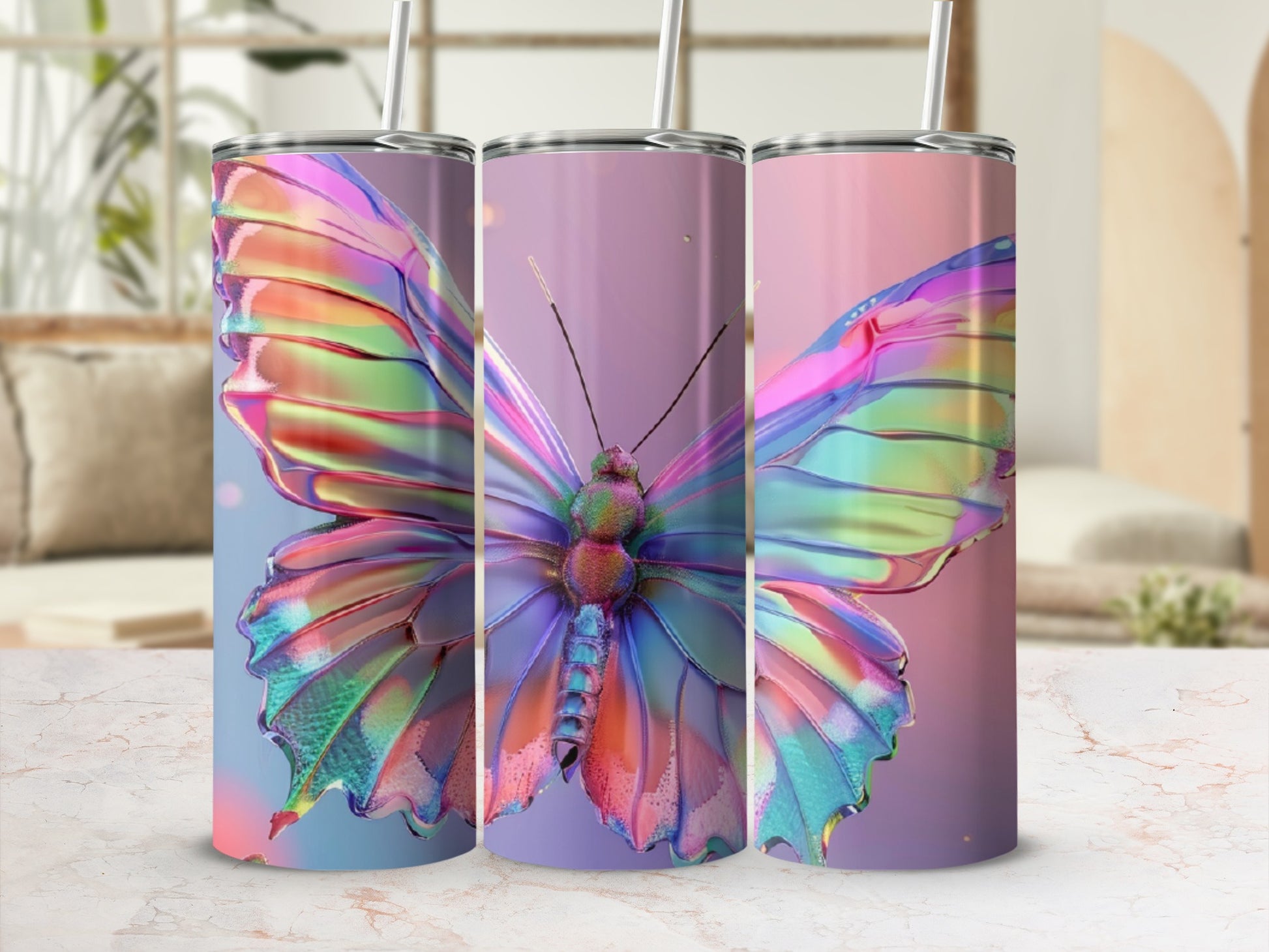 Triptych of tumblers featuring iridescent butterfly wings with purple and pink hues.