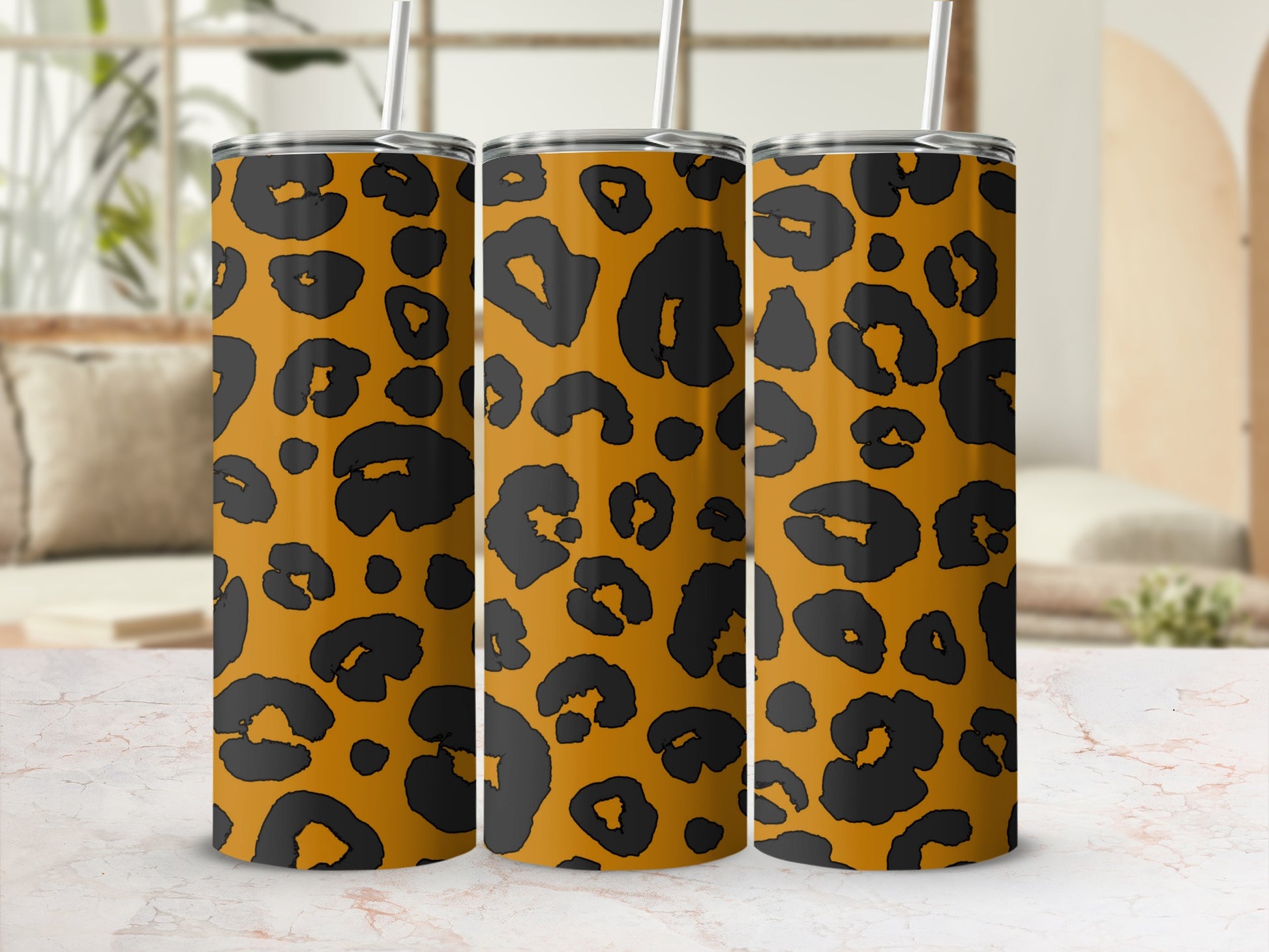 Leopard Print Tumbler with Straw Insulated Travel Mug
