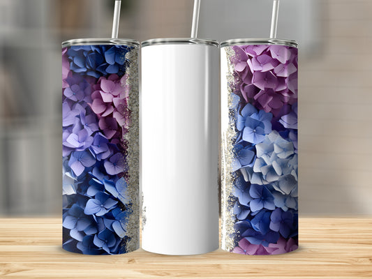 Three tumblers with hydrangea floral design, one blank.