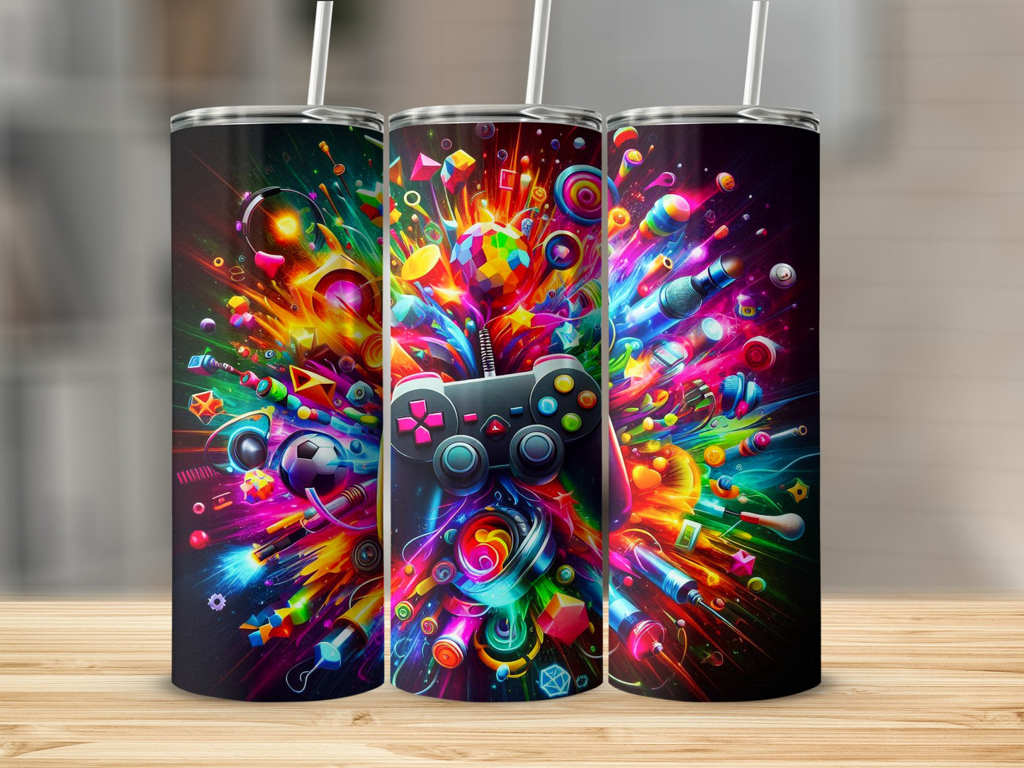 Three tumblers with vibrant, abstract gaming graphics and controllers.