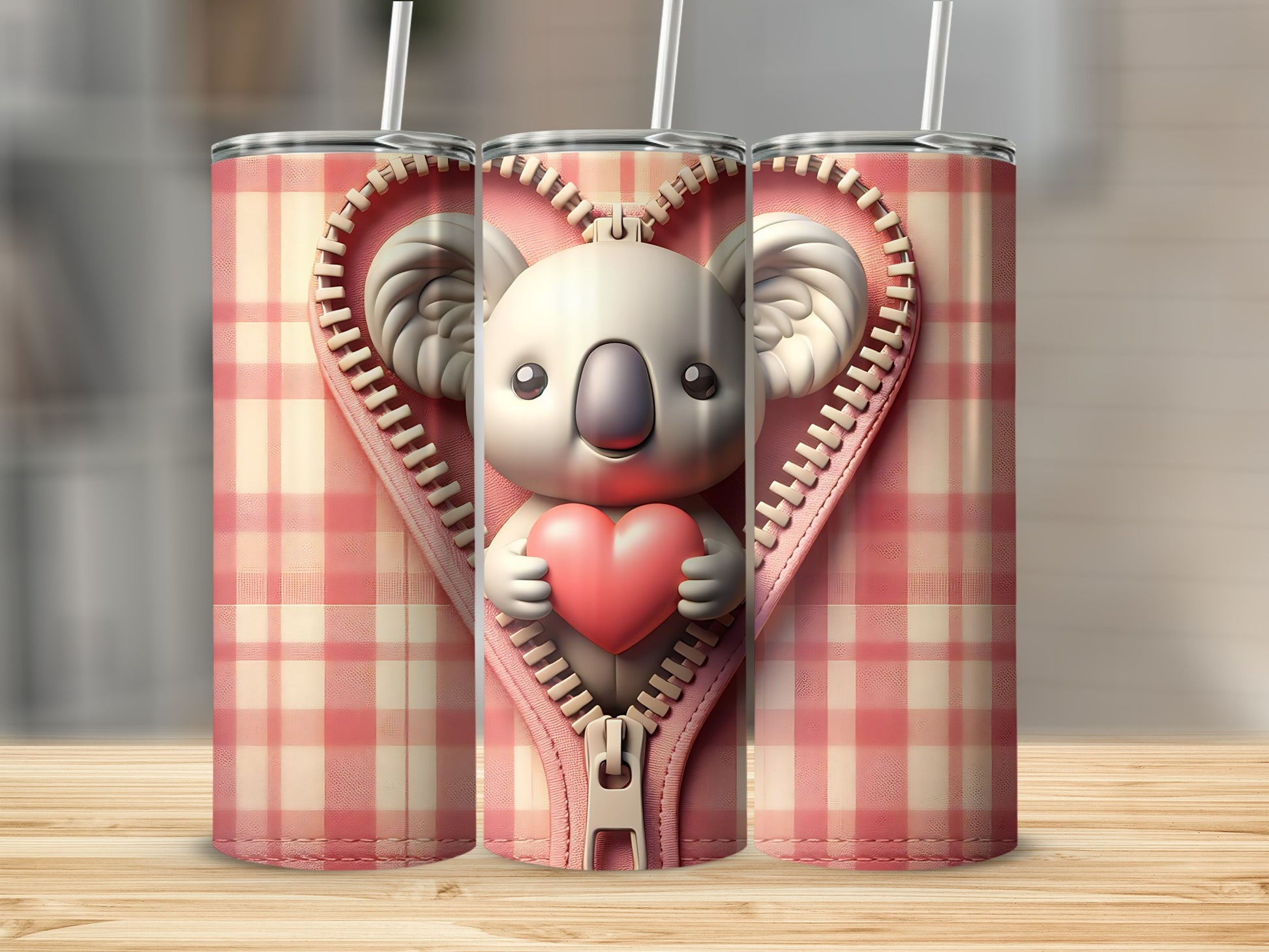 Three tumblers with a zippered heart pattern featuring a cartoon koala holding a red heart.