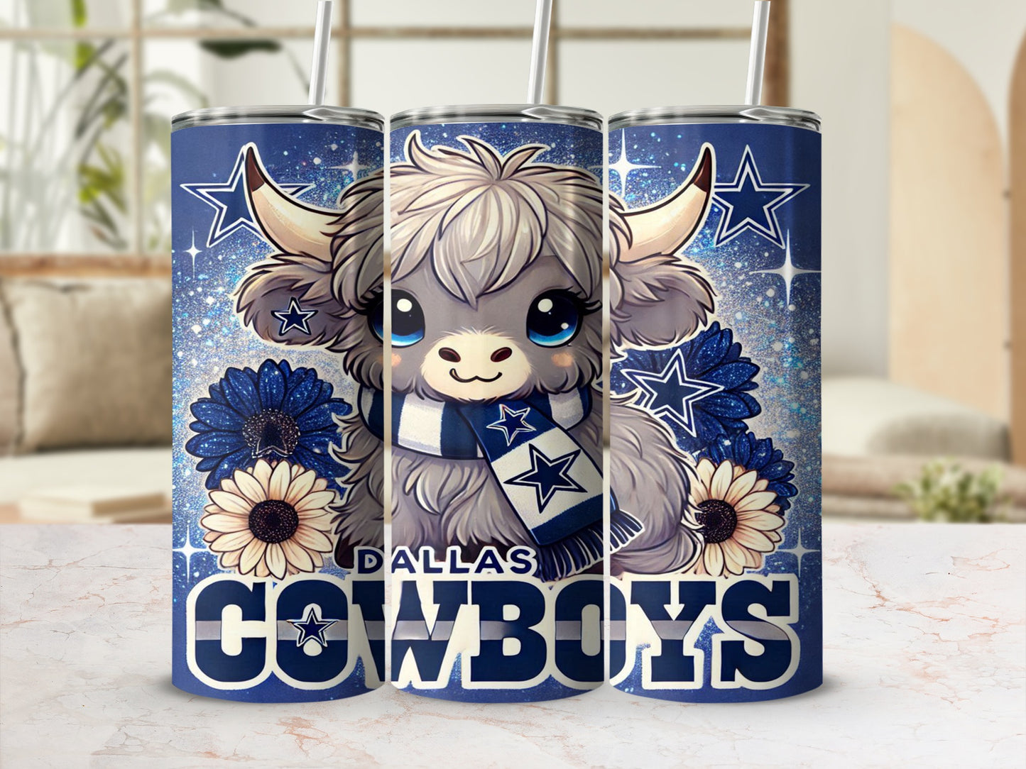 Dallas Cowboys tumbler with cute cow character and blue stars.