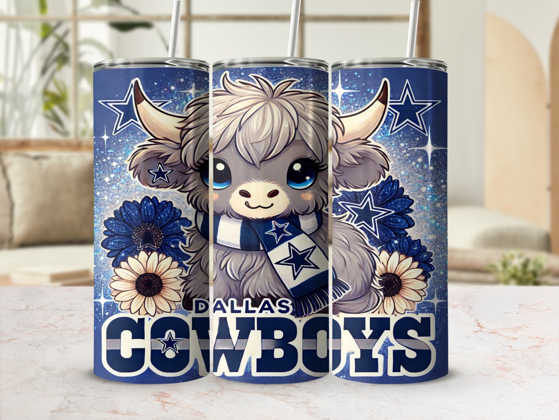 Dallas Cowboys tumbler with cute cow character and blue stars.