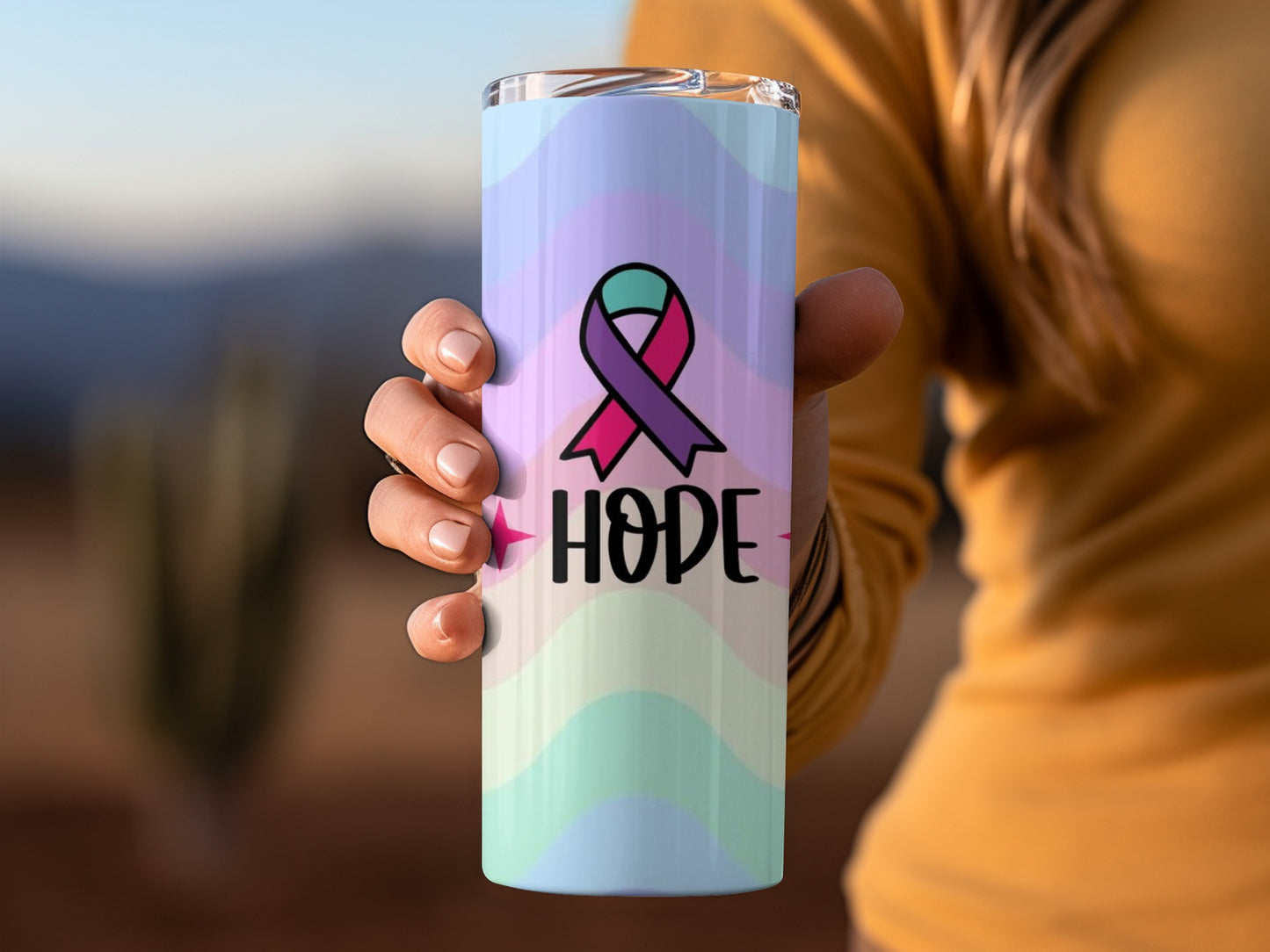 Hope Ribbon Design Tumbler with Multicolor Background