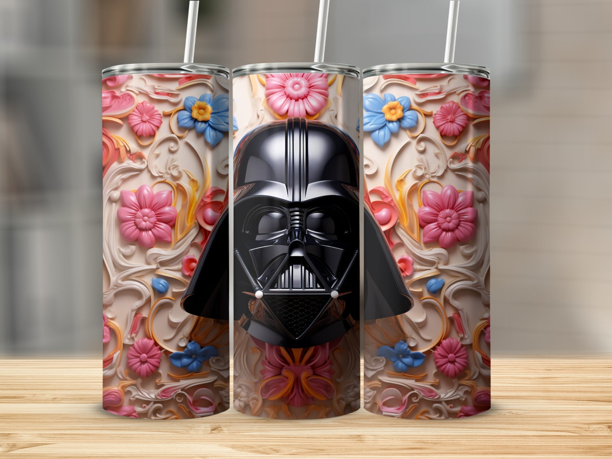 Floral Darth Vader Tumbler with Colorful Blossoms