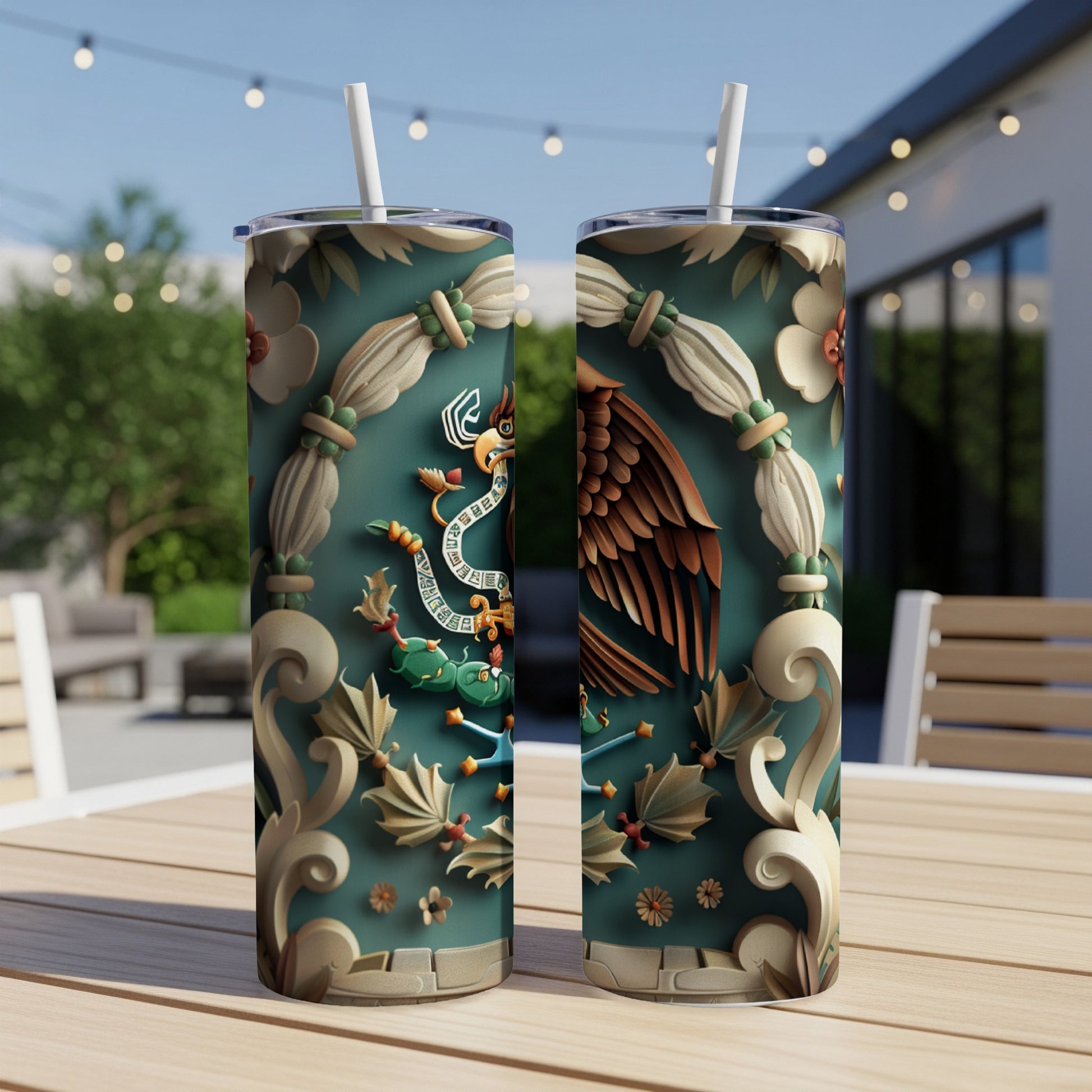 Two tall tumblers with a detailed dragon and eagle design in green and gold.