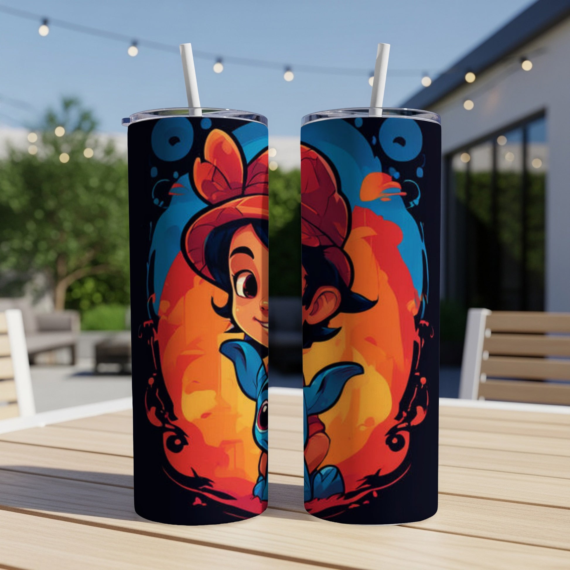 Two cartoon characters with blue and orange accents on a dark background.