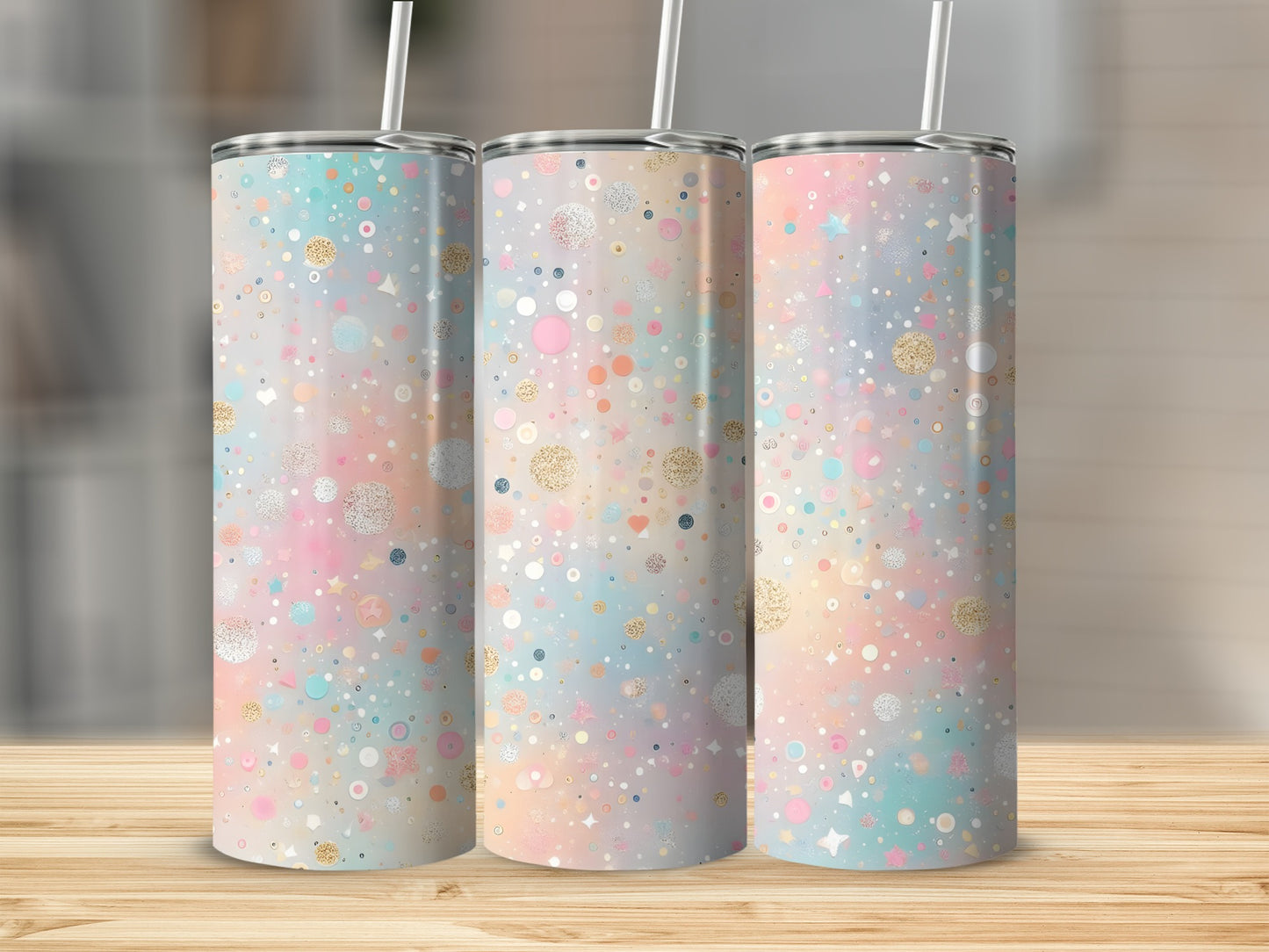 Three tumblers with pastel watercolor background and confetti design.