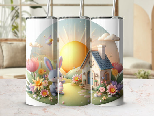 Easter bunny with eggs, flowers, and a cottage under a sunset.