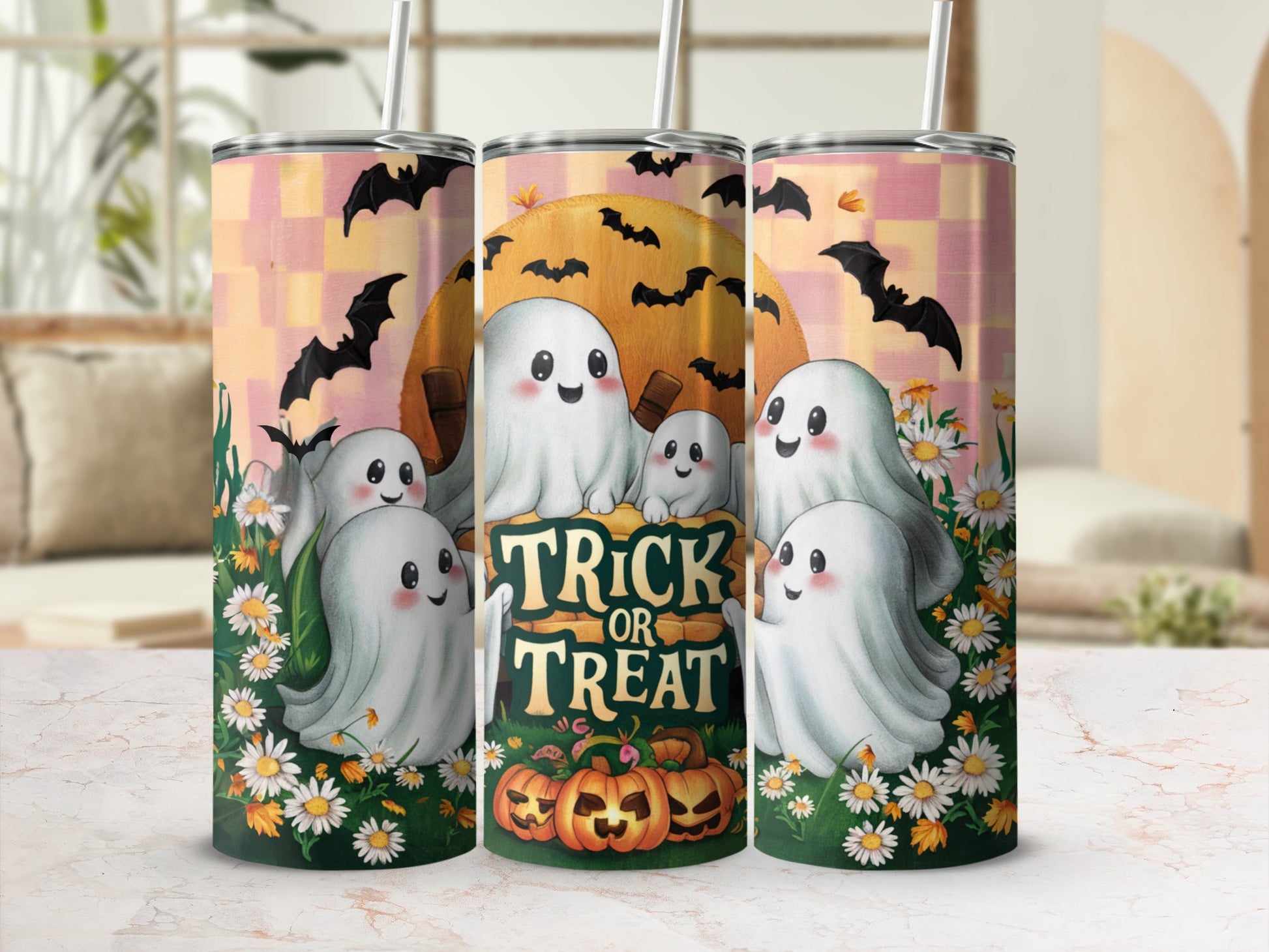Three Halloween tumblers with ghosts, bats, pumpkins, and "Trick or Treat" text.