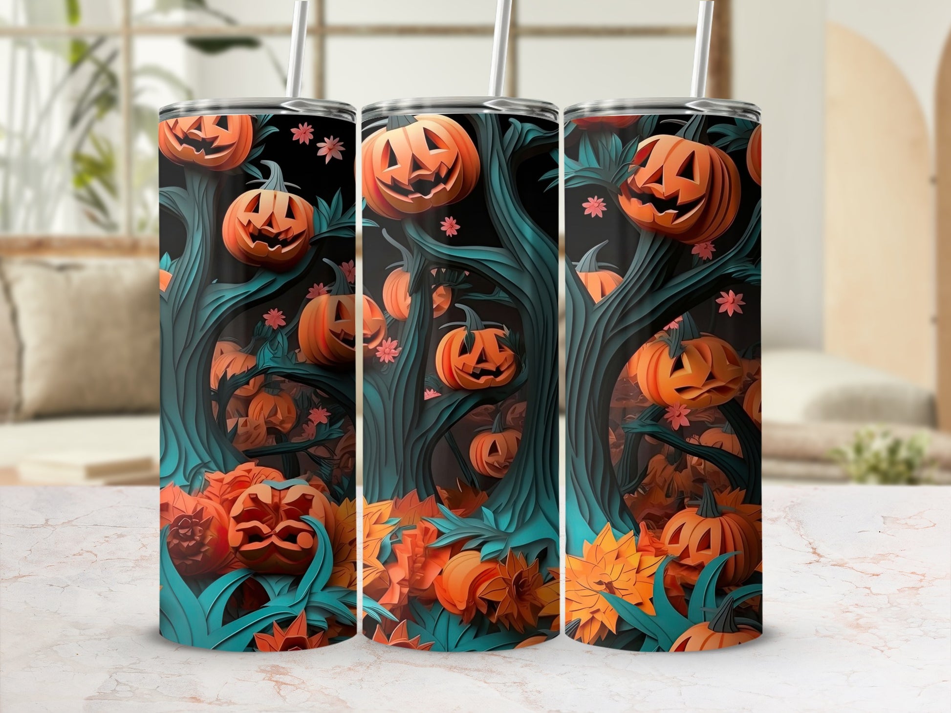 Three tumblers with jack-o'-lanterns and fall leaves in a spooky forest design.