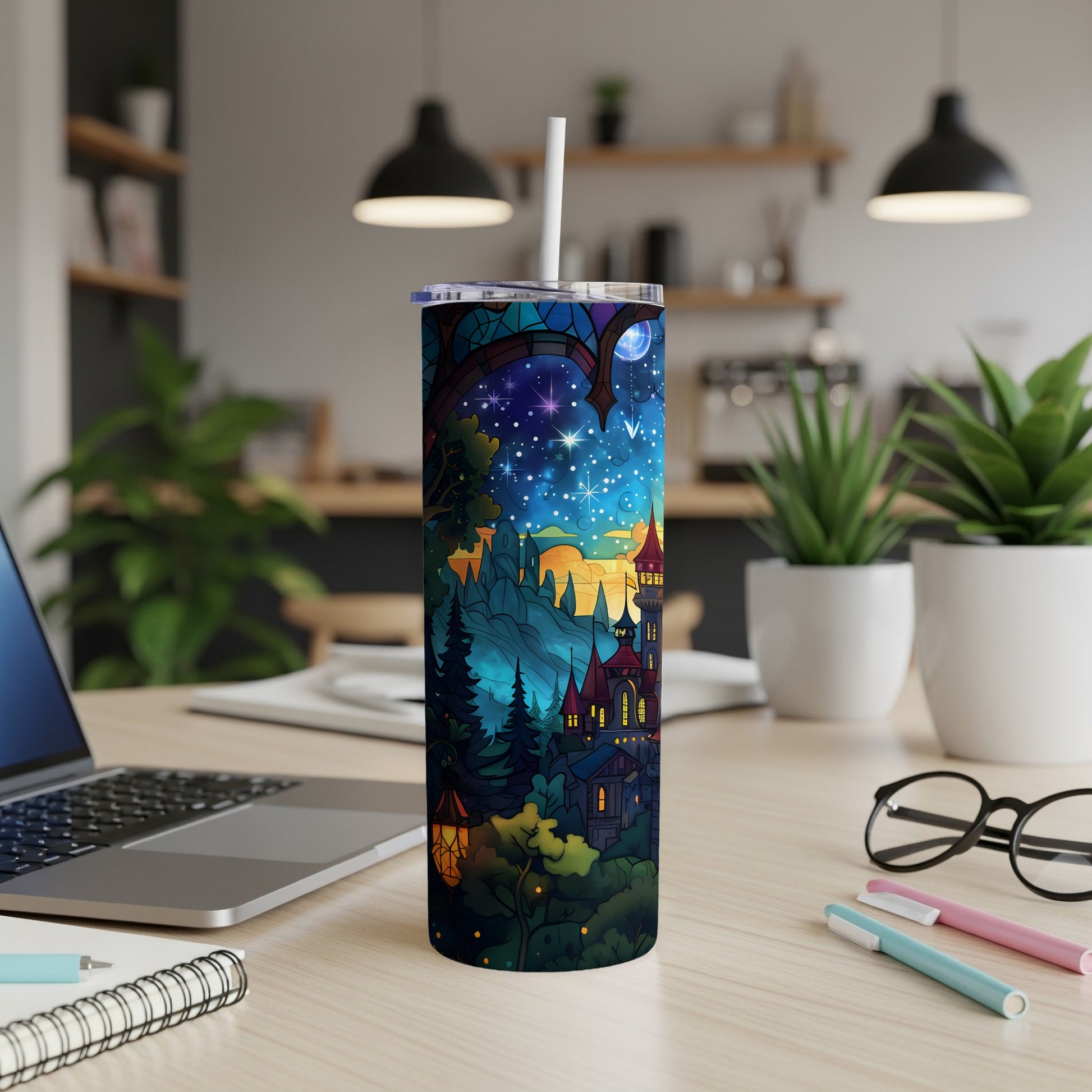 Stained glass art tumbler with castle, trees, and starry night sky.