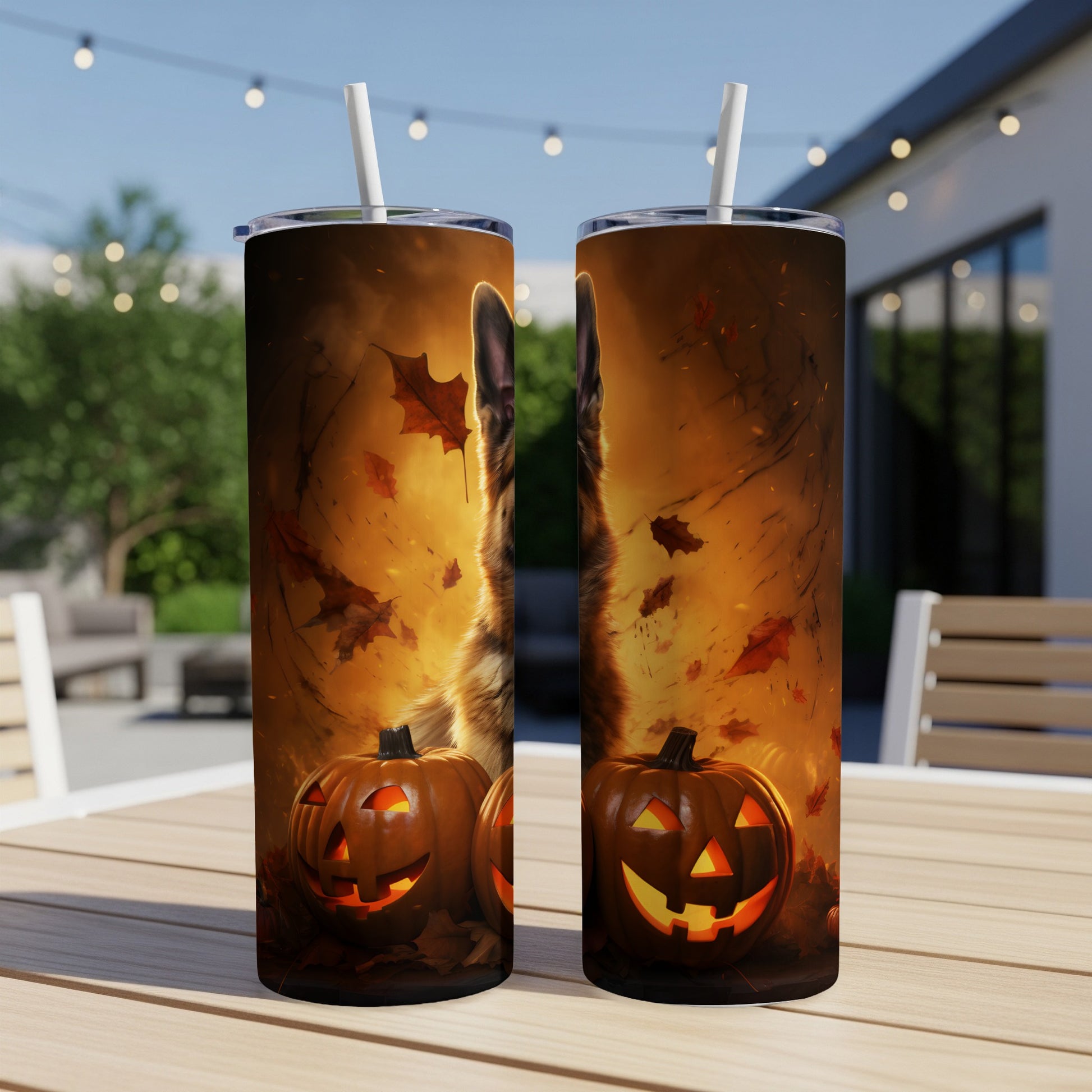 Two tumblers featuring a German Shepherd and jack-o'-lanterns with falling leaves.