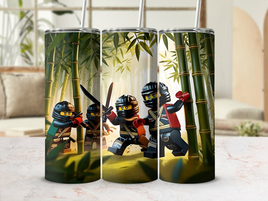 Three Lego Ninjago characters in a bamboo forest setting.