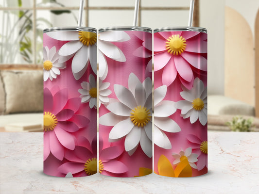 Three tumblers with a repeating floral pattern of pink and white daisies.